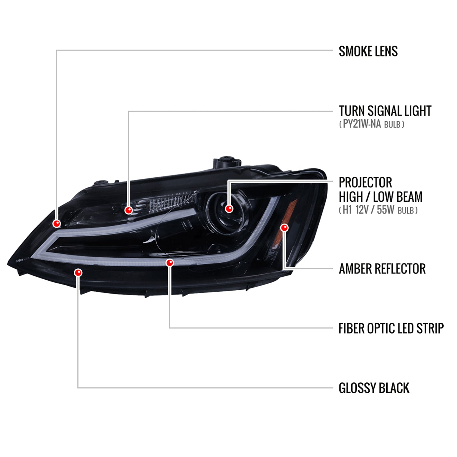 2011-2018 VW Jetta MK6 LED Bar Projector Headlights Glossy Black/Smoke Lens