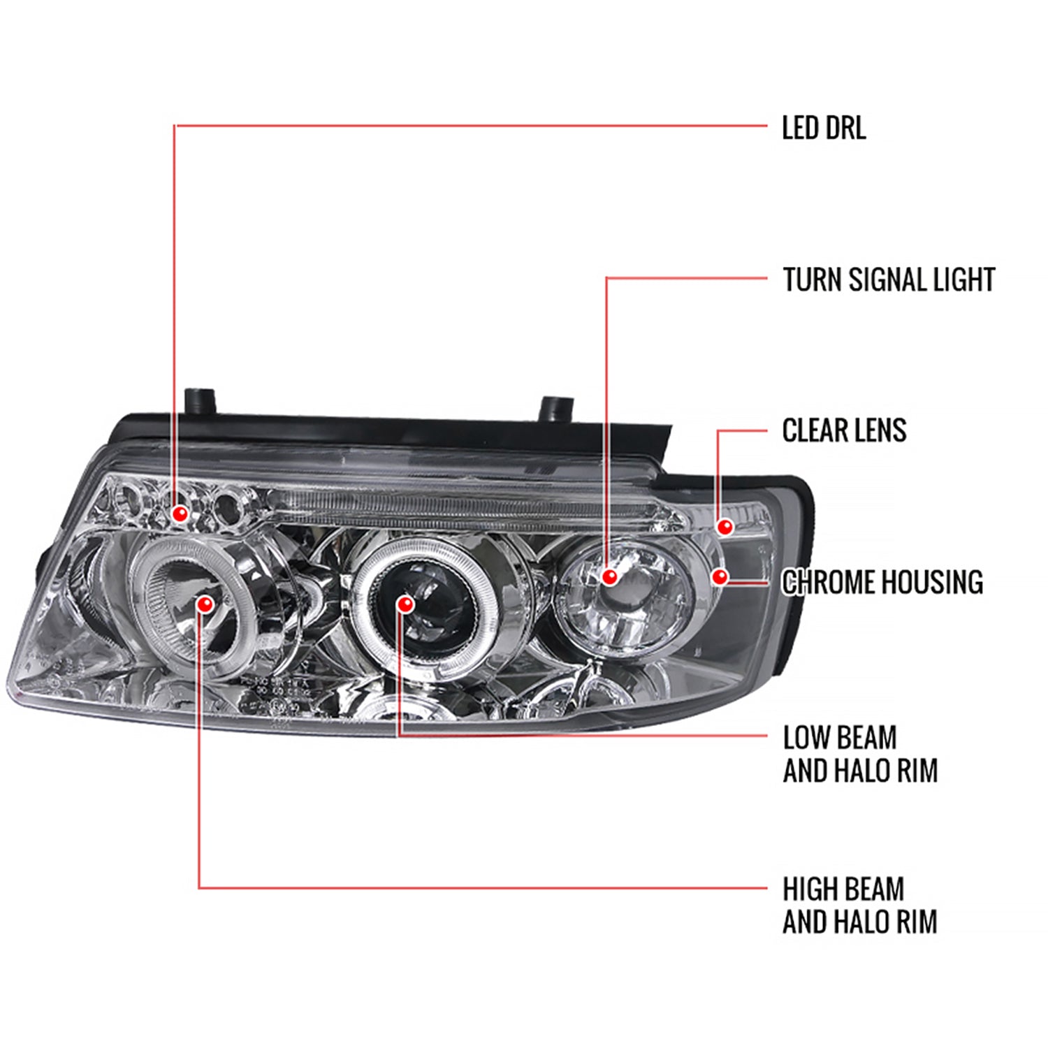 1997-2000 VW Passat Dual Halo Projector Headlights Chrome/Clear Lens