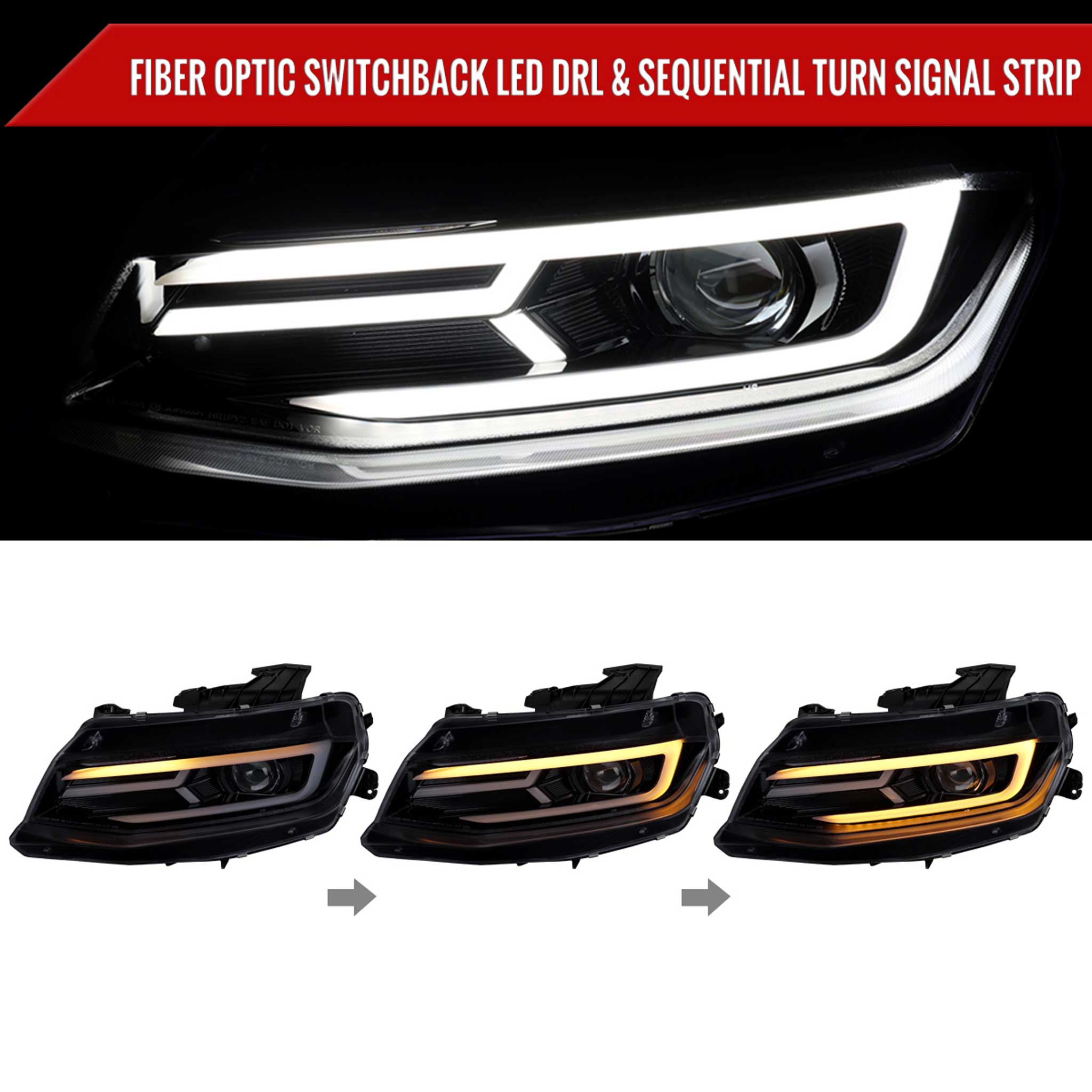 For Chevrolet Camaro 2016-2018 LED Strip Projector Headlights Turn Signal Lights Chrome Housing Smoked Lens