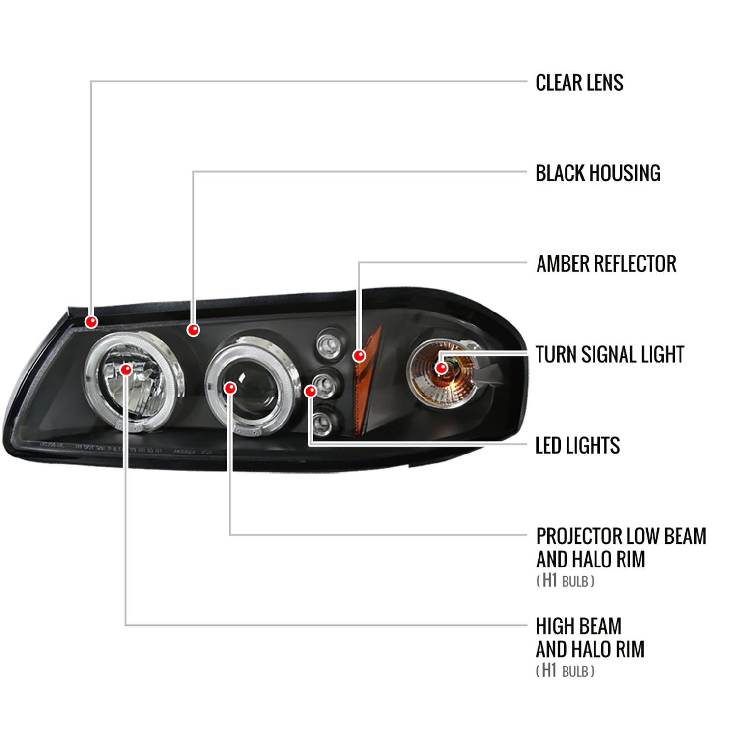 2000-2005 Chevy Impala Dual Halo Projector Headlights Matte Black/Clear Lens