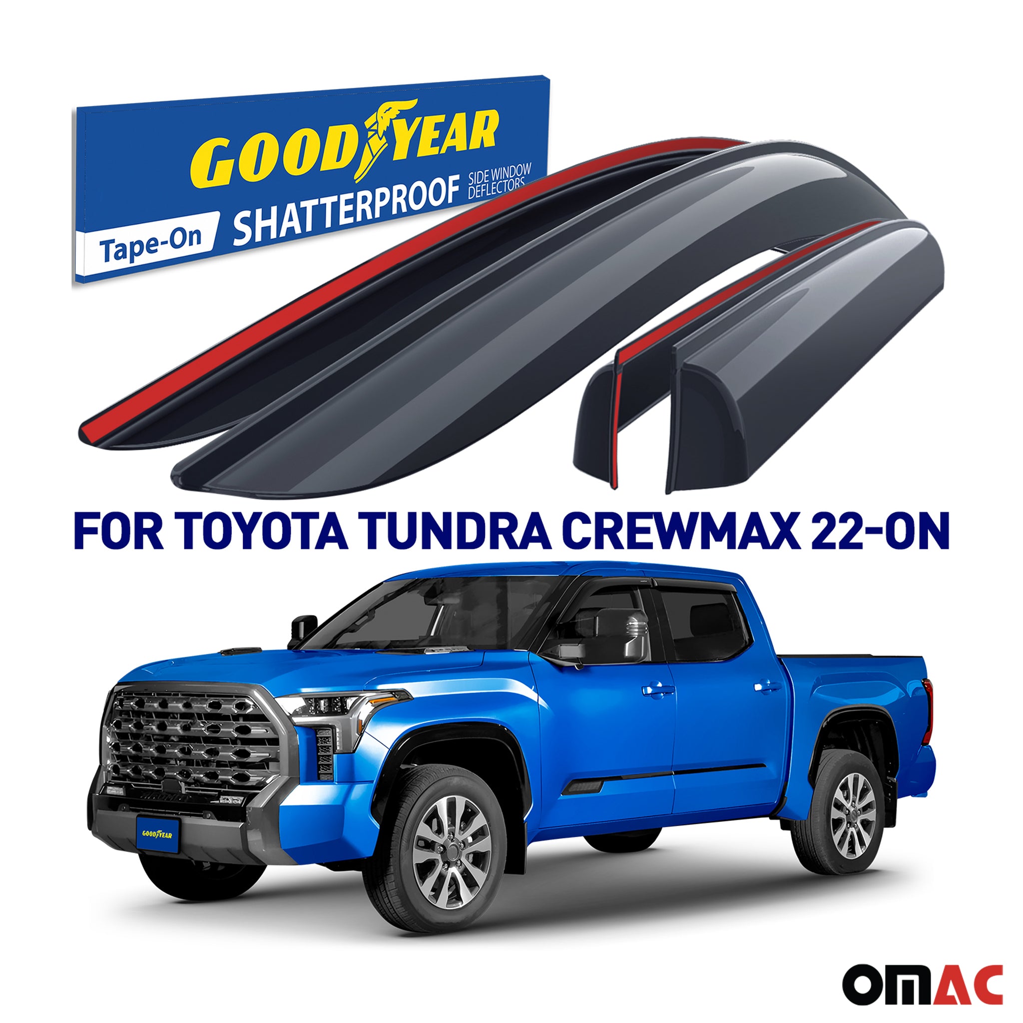 Goodyear Wind Deflectors for Toyota Tundra 2022-2025 CrewMax Tape-On Smoke 4 pcs
