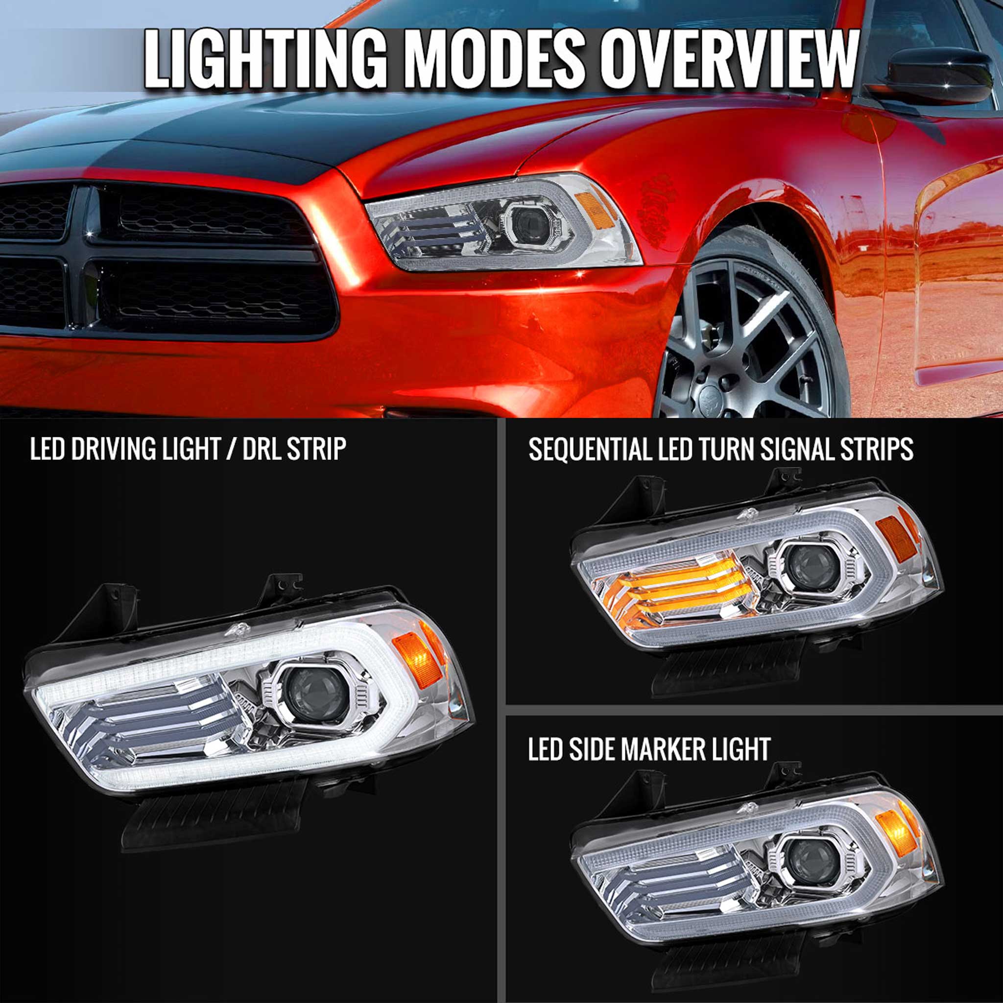 For Dodge Charger 2011-2014 Headlights LED DRL Light Strip Turn Signal Side Marker Chrome Housing Clear Lens