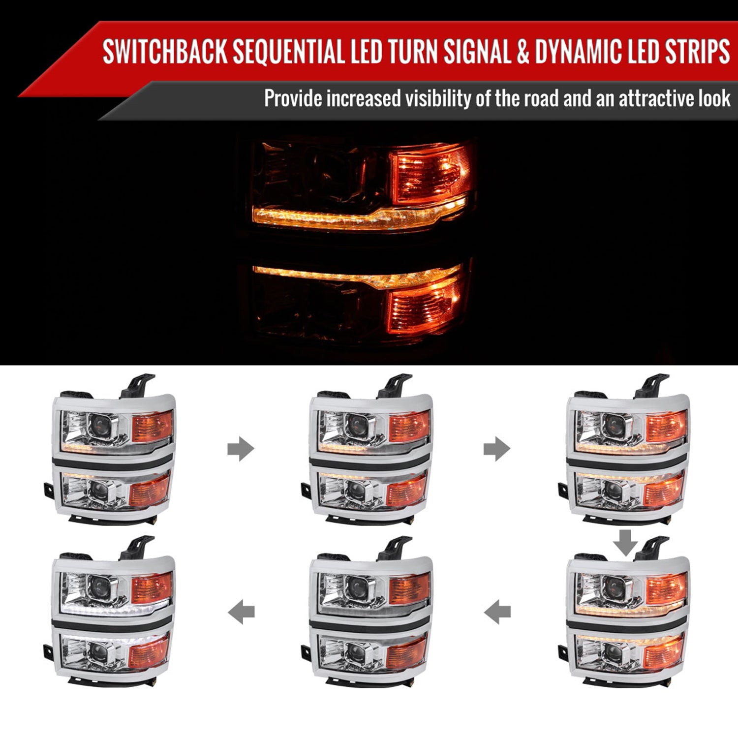 2014-2015 Chevy Silverado 1500 Sequential LED Bar Projector Headlights Chrome