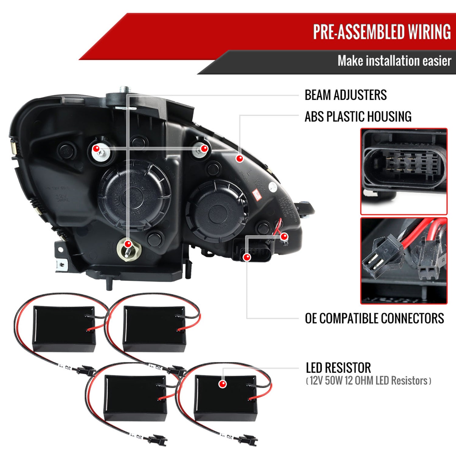 2008-2011 Mercedes W204 C Class Headlights LED Light Bar&LED Signal Black