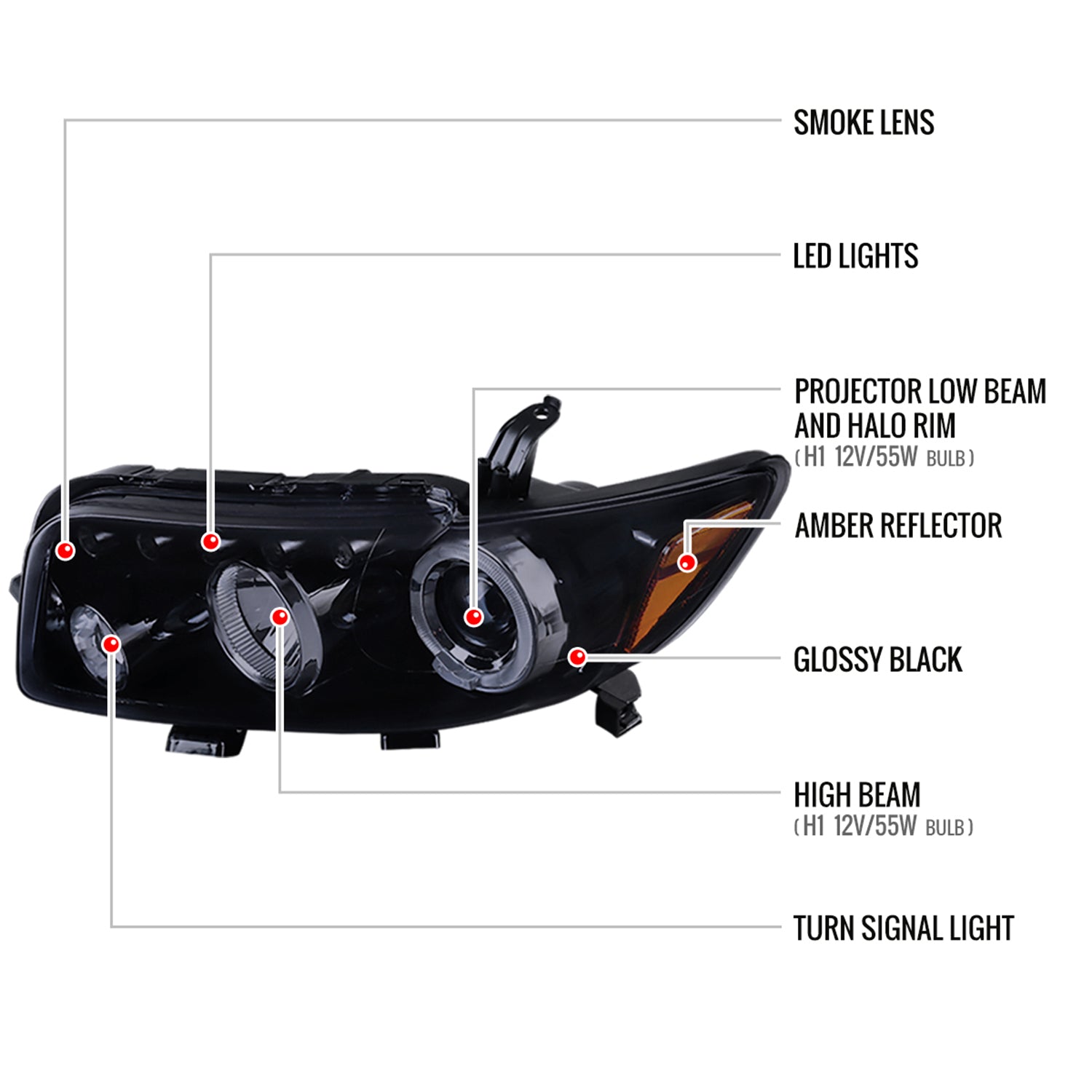 2008-2010 Scion xB Single Halo Projector Headlights Glossy Black/Smoke Lens