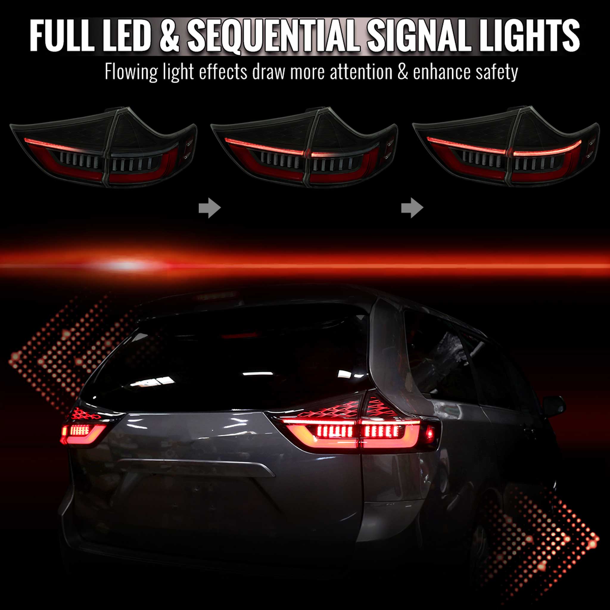 For Toyota Sienna 2011-2014 Full LED Tail Lights Sequential Red Fiber Optic Black Smoked Lens Startup
