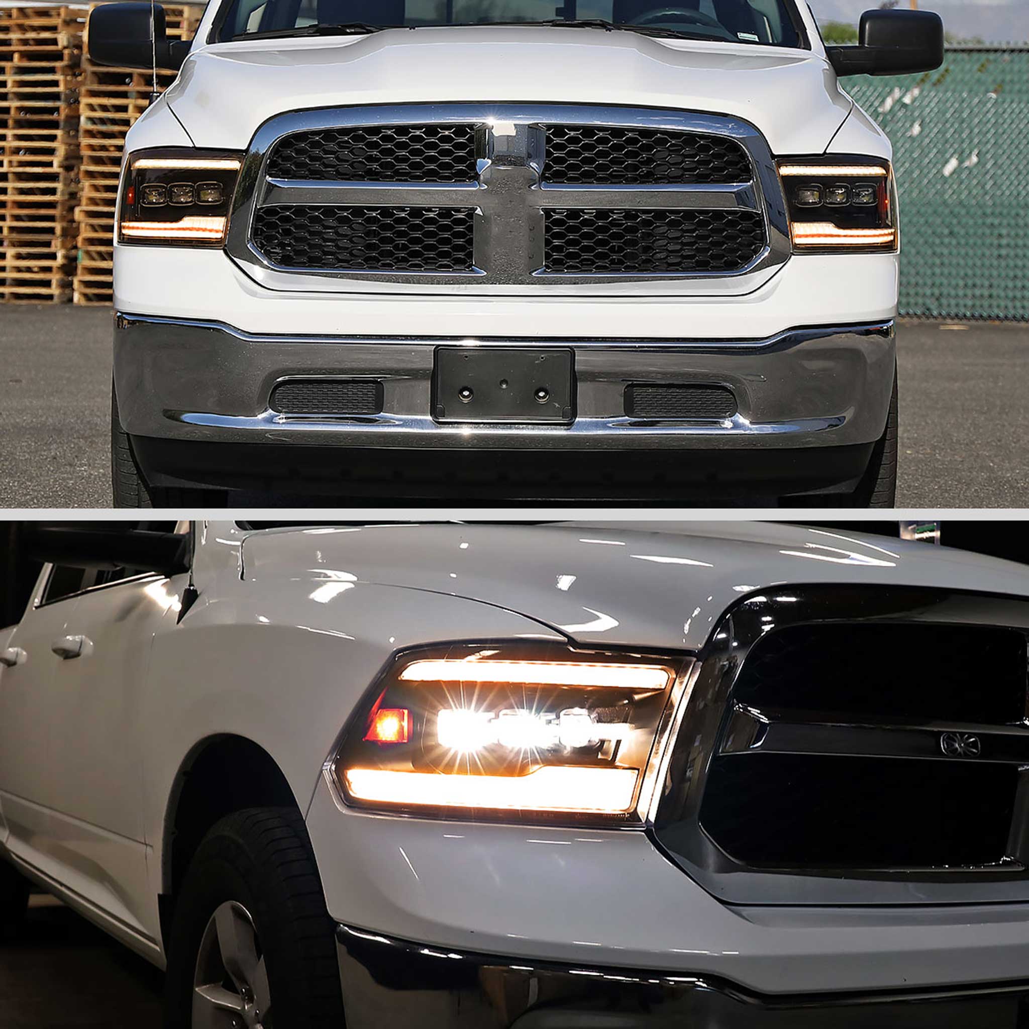 For Dodge RAM 1500 2009-18 / RAM Classic 2019 / 2500 3500 2010-18 Switchback Full Amber LED Projector Headlights Matte Black Housing Clear Lens