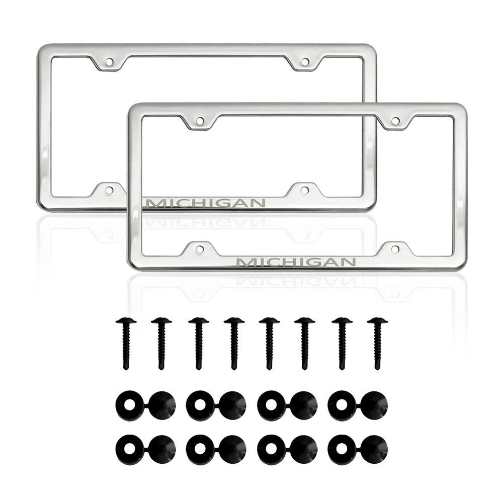 MICHIGAN Print License Plate Frame Chrome Stainless Steel 2 Pcs.
