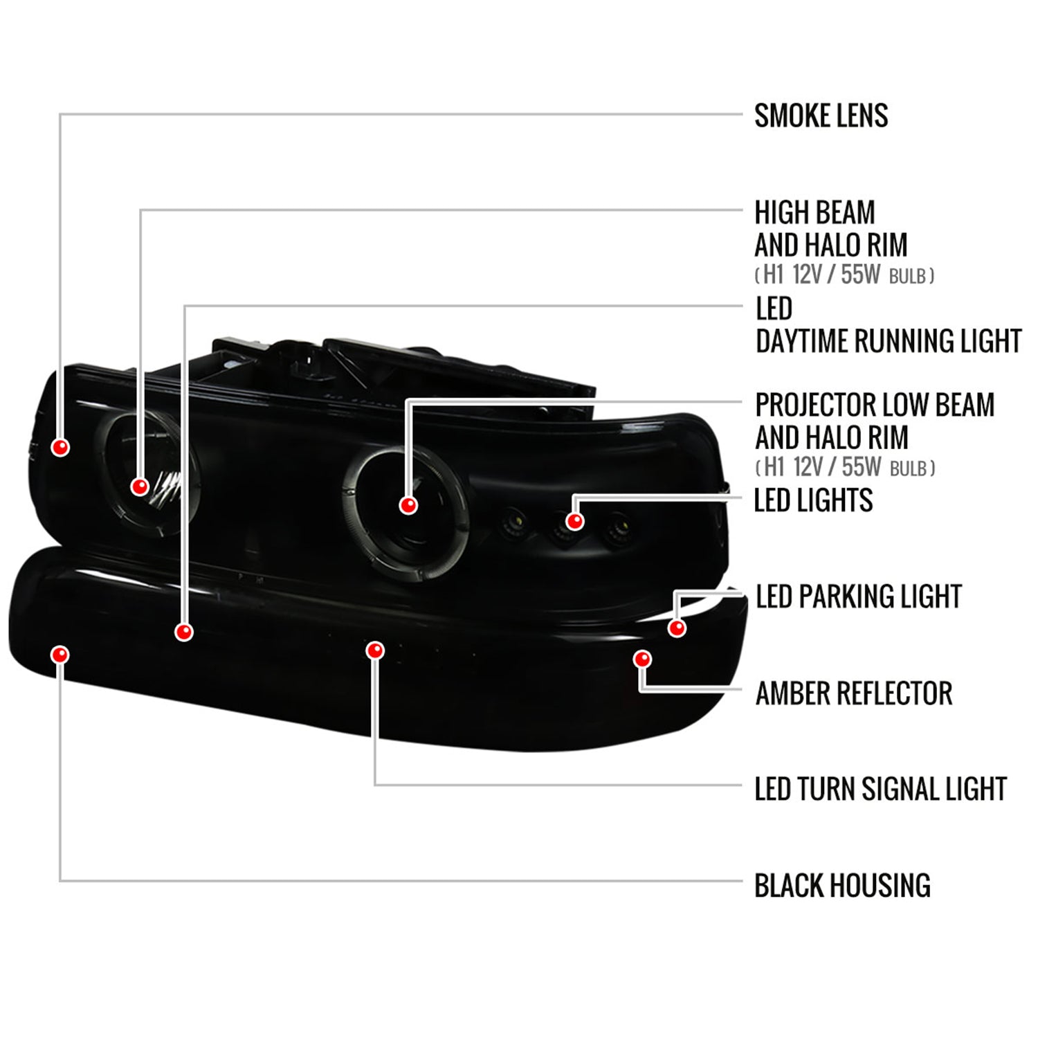 1999-2002 Chevy Silverado/ Chevy Tahoe/Suburban Dual Halo Headlights LED Black