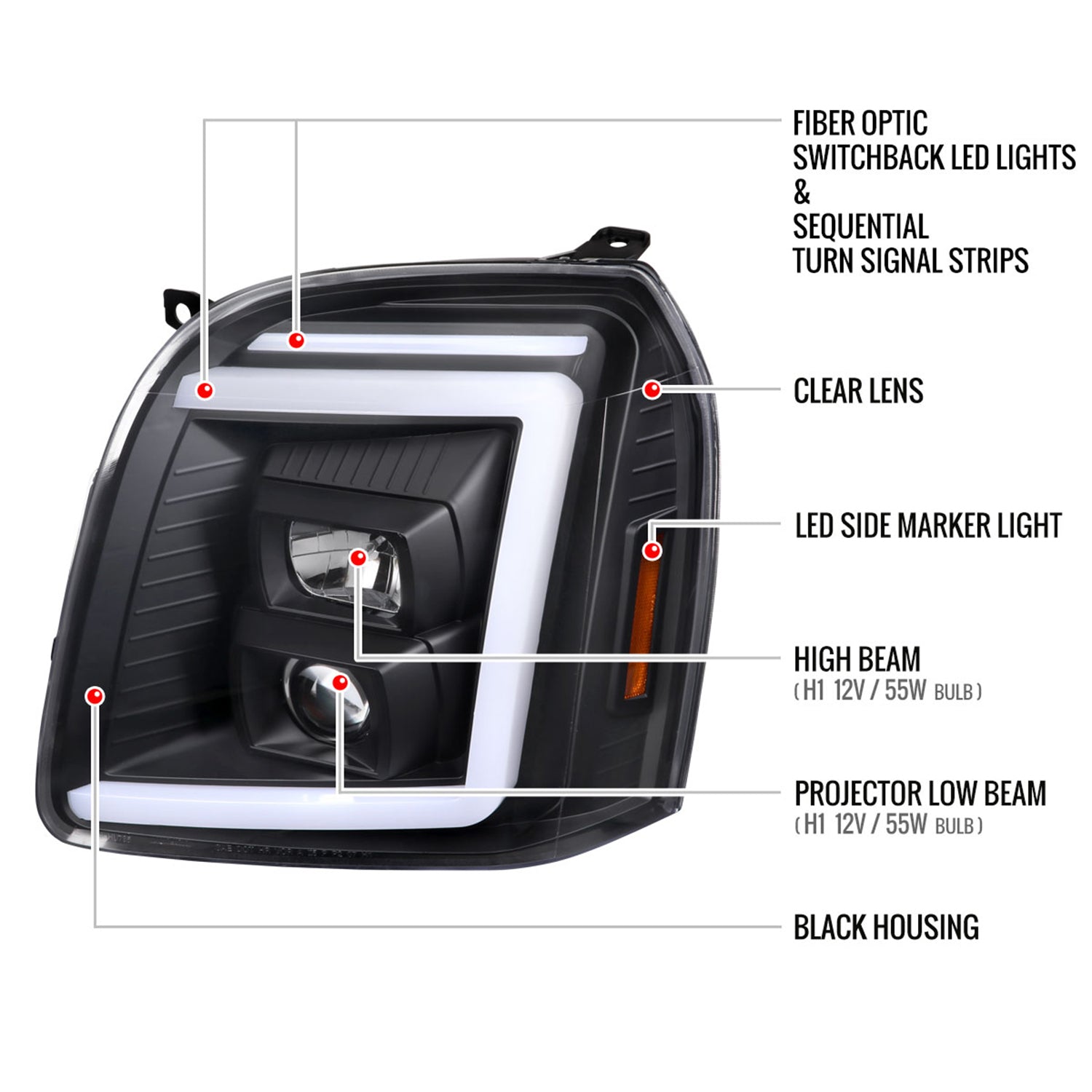 2007-2014 GMC Yukon/XL 1500/XL 2500 LED Turn Signal Projector Headlights Black