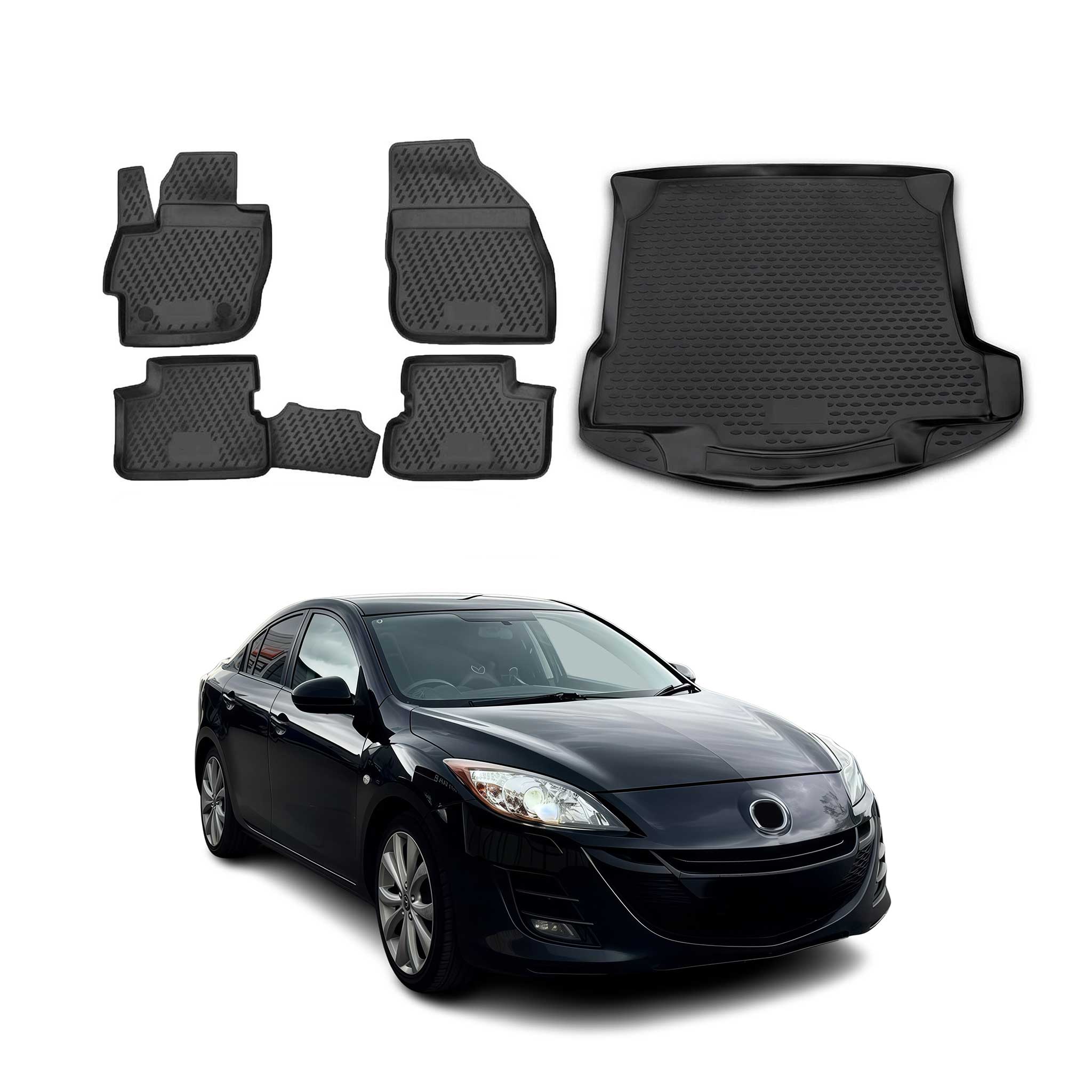 2010-2013 Mazda 3 Sedan Floor Mats & Cargo Liner Full Set Black