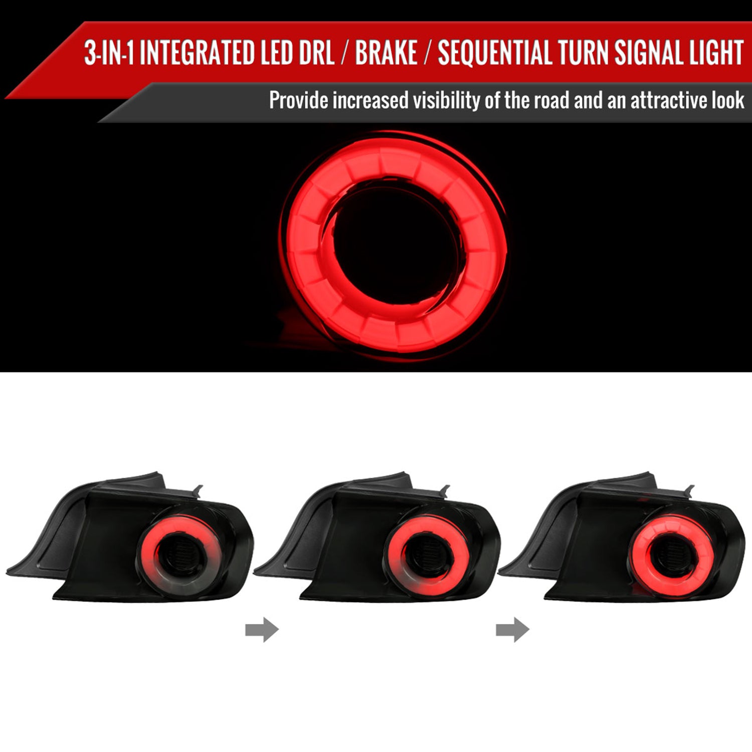 2015-2022 Ford Mustang Coupe/Convertible LED Tail Lights Glossy Black/Smoke