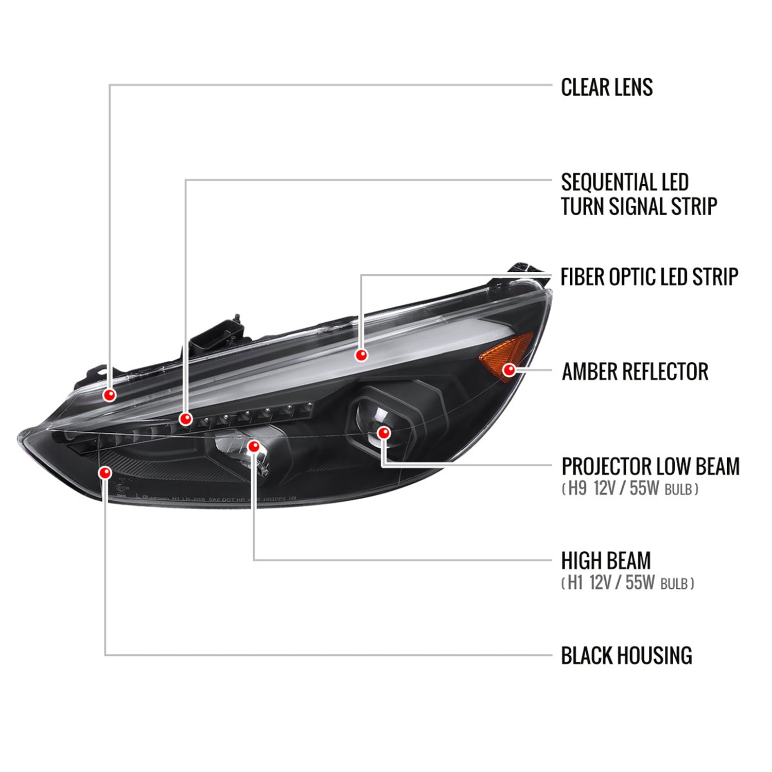 2015-2018 Ford Focus LED Sequential Signal Projector Headlights Matt Black