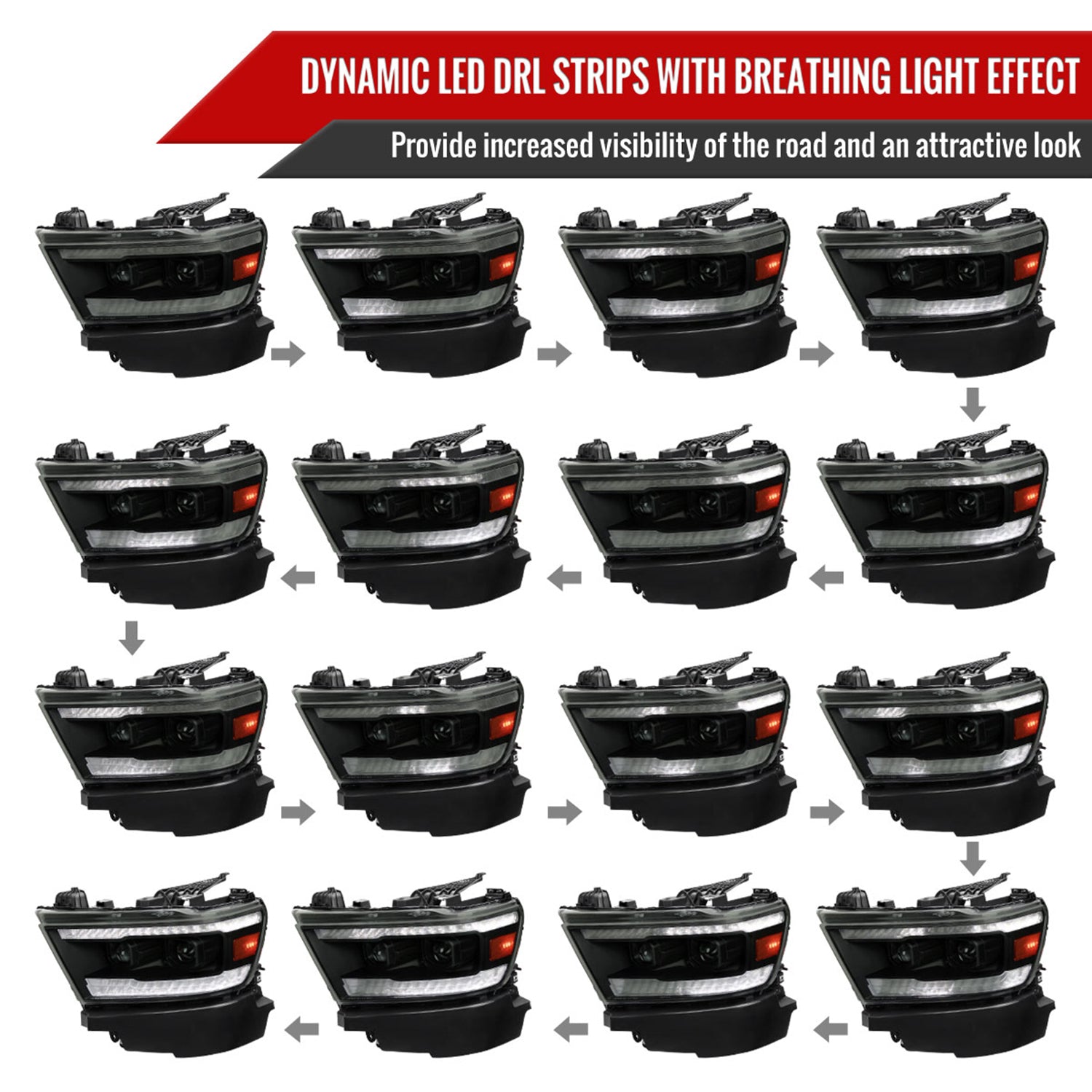 2019-2024 Dodge RAM 1500 Sequential LED Turn Signal Projector Headlights Smoke