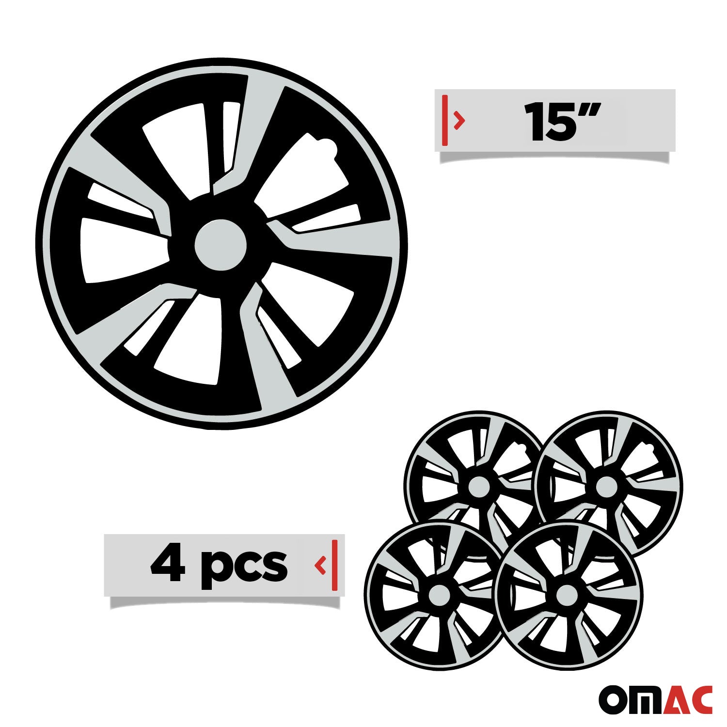 Twintone Hub Caps Wheel Cover 15" Black & Light Gray Insert Full Set 4 pcs.