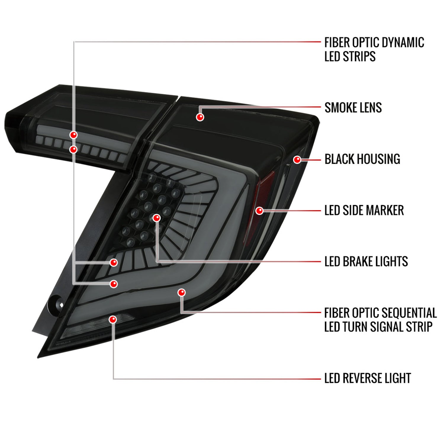 2017-2021 Honda Civic Hatchback Turn Signal LED Tail Lights Black/Smoke