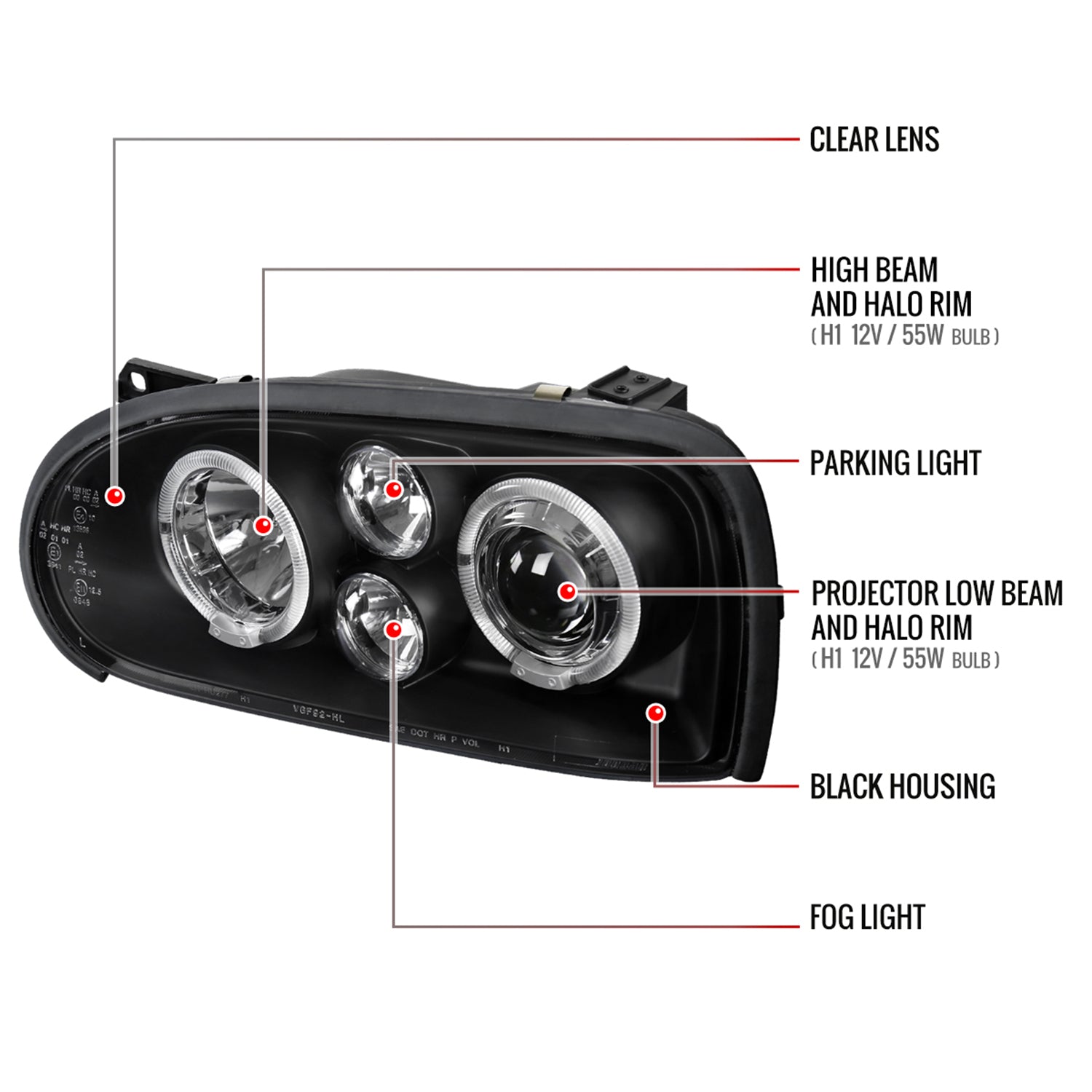 1993-1998 VW Golf Mk3/Cabrio Dual Halo Projector Headlights Matt Black/Clear