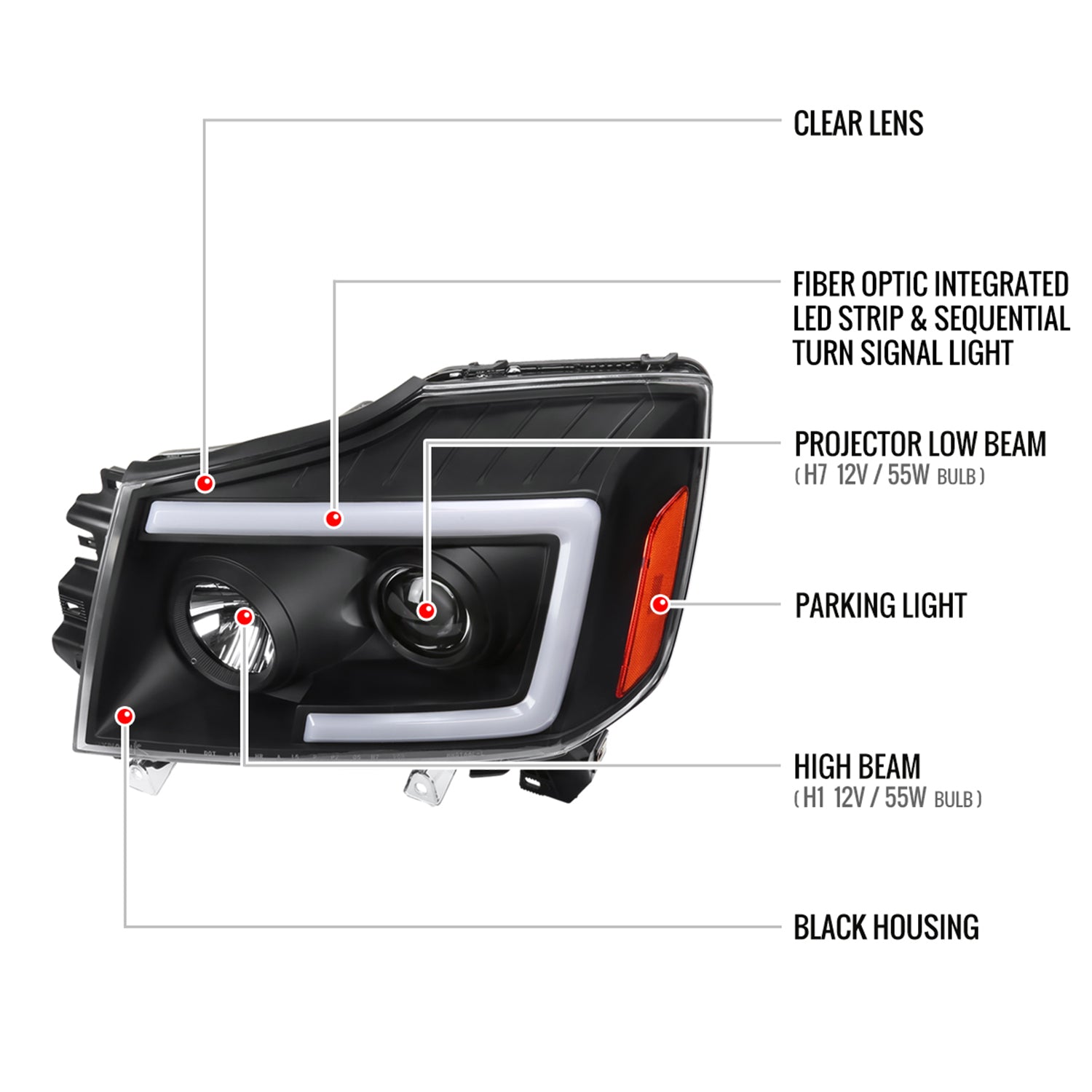 For 2004-07 Nissan Armada / Nissan Titan 2004-15 LED C-Bar Headlights Signal Black