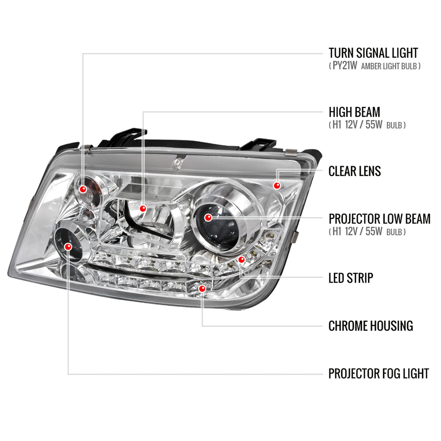 1999-2004 VW Jetta/Bora Projector Headlights R8 LED Light Strip Chrome