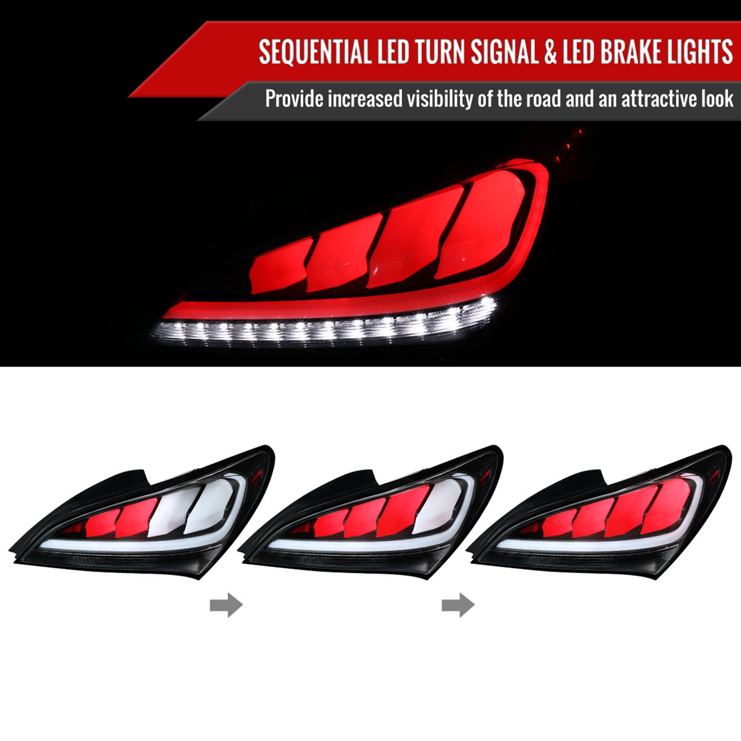 2010-2016 Hyundai Genesis Coupe White Bar LED Tail Lights Matt Black/Clear
