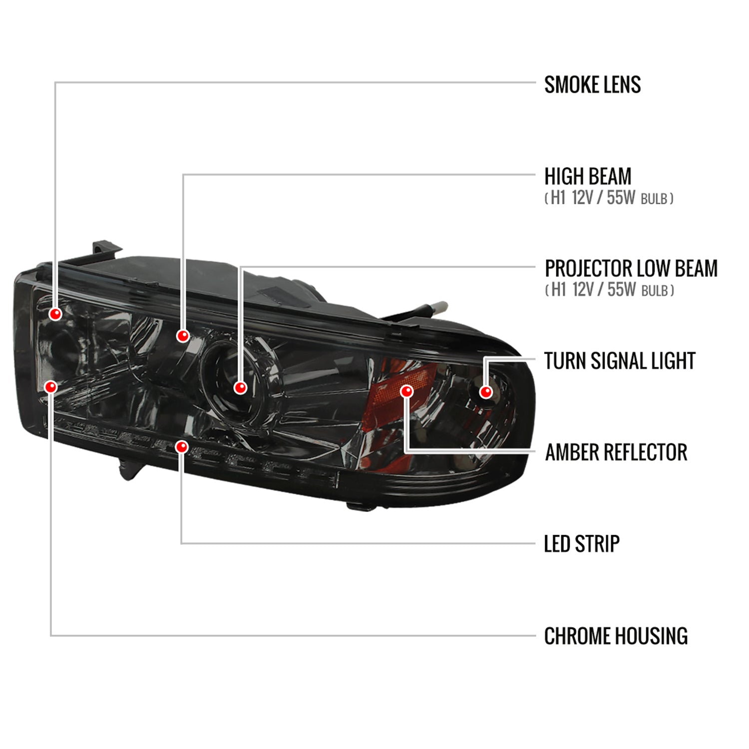 1994-2001 Dodge RAM 1500 2500 3500 Projector Headlights SMD LED Light Chrome