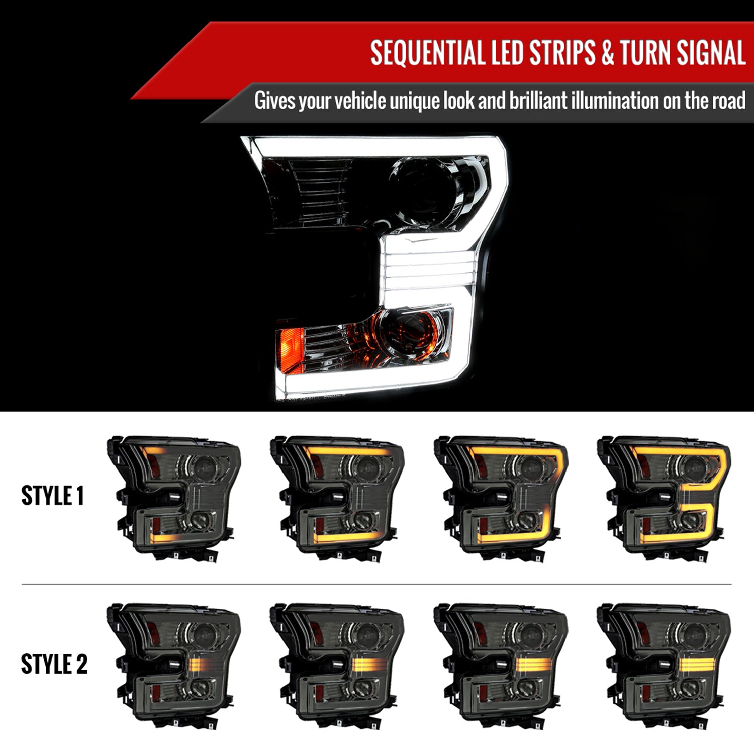 2015-2017 Ford F-150 LED Bar Projector Headlights Turn Signals Chrome / Smoked