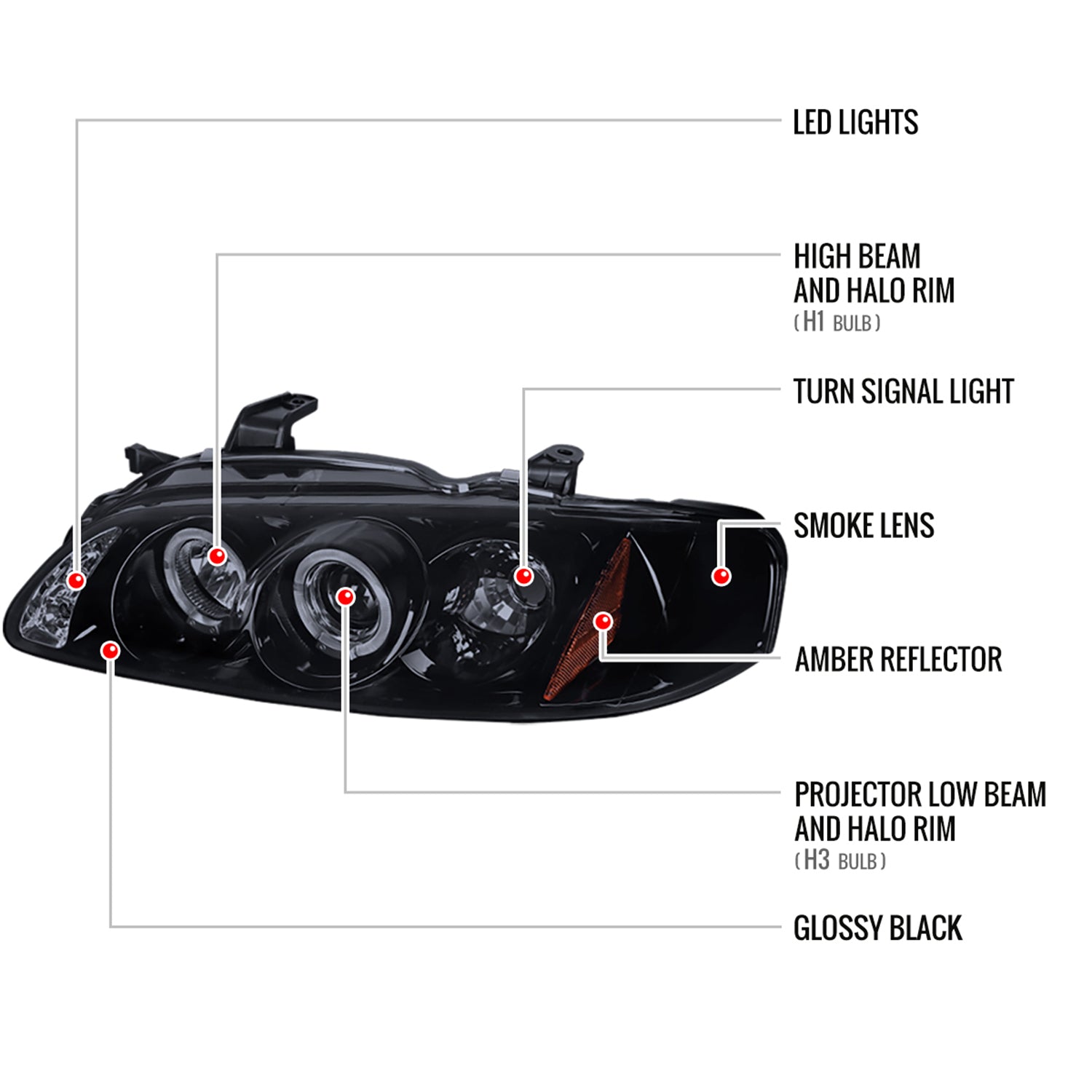 2000-2003 Nissan Sentra Dual Halo Projector Headlights Glossy Black/Smoke Lens