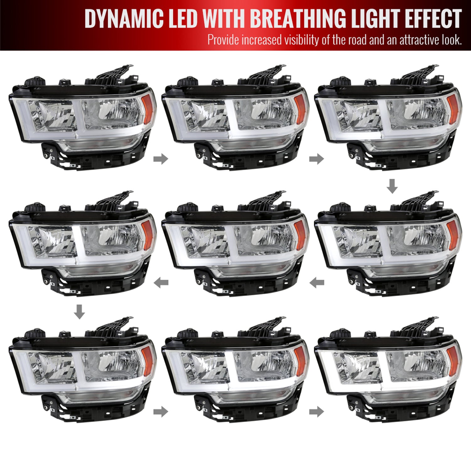2019-2024 Dodge RAM 2500/3500/4500/5500 LED Bar Factory Headlights Chrome