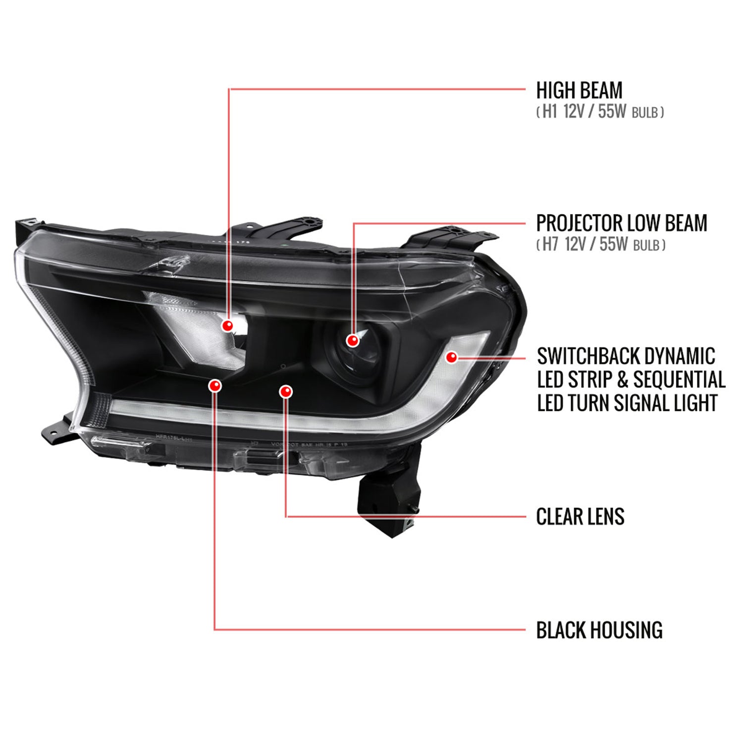 2019-2022 Ford Ranger Sequential LED Bar Projector Headlights Matt Black