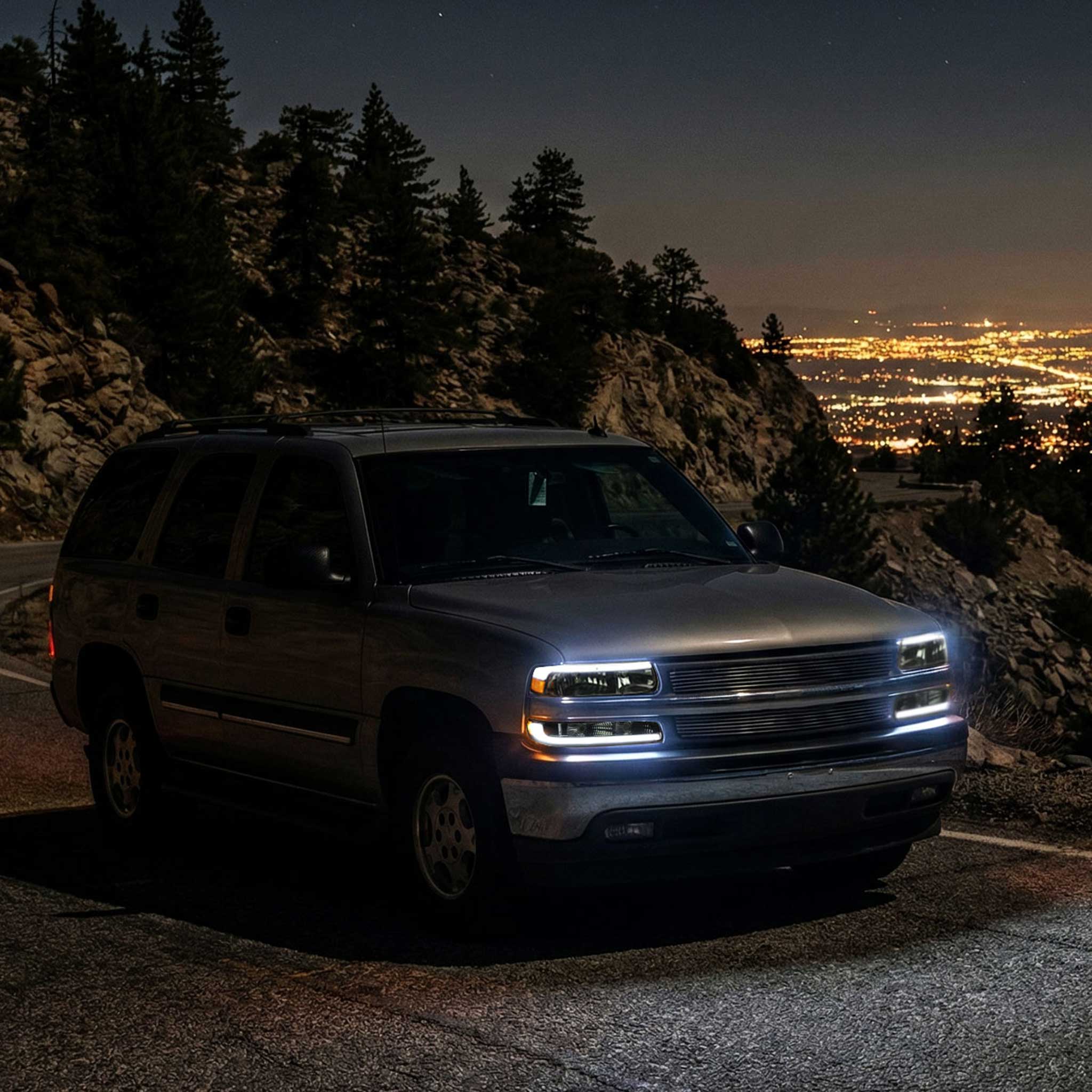 For Chevrolet Silverado Tahoe Suburban 1999-2002 LED Bar Style Headlights Bumper Light Chrome Housing Smoked Lens