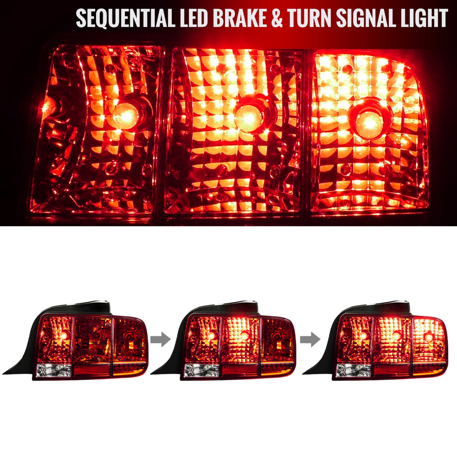 2005-2009 Ford Mustang Sequential Tail Lights Chrome Housing/Red Lens