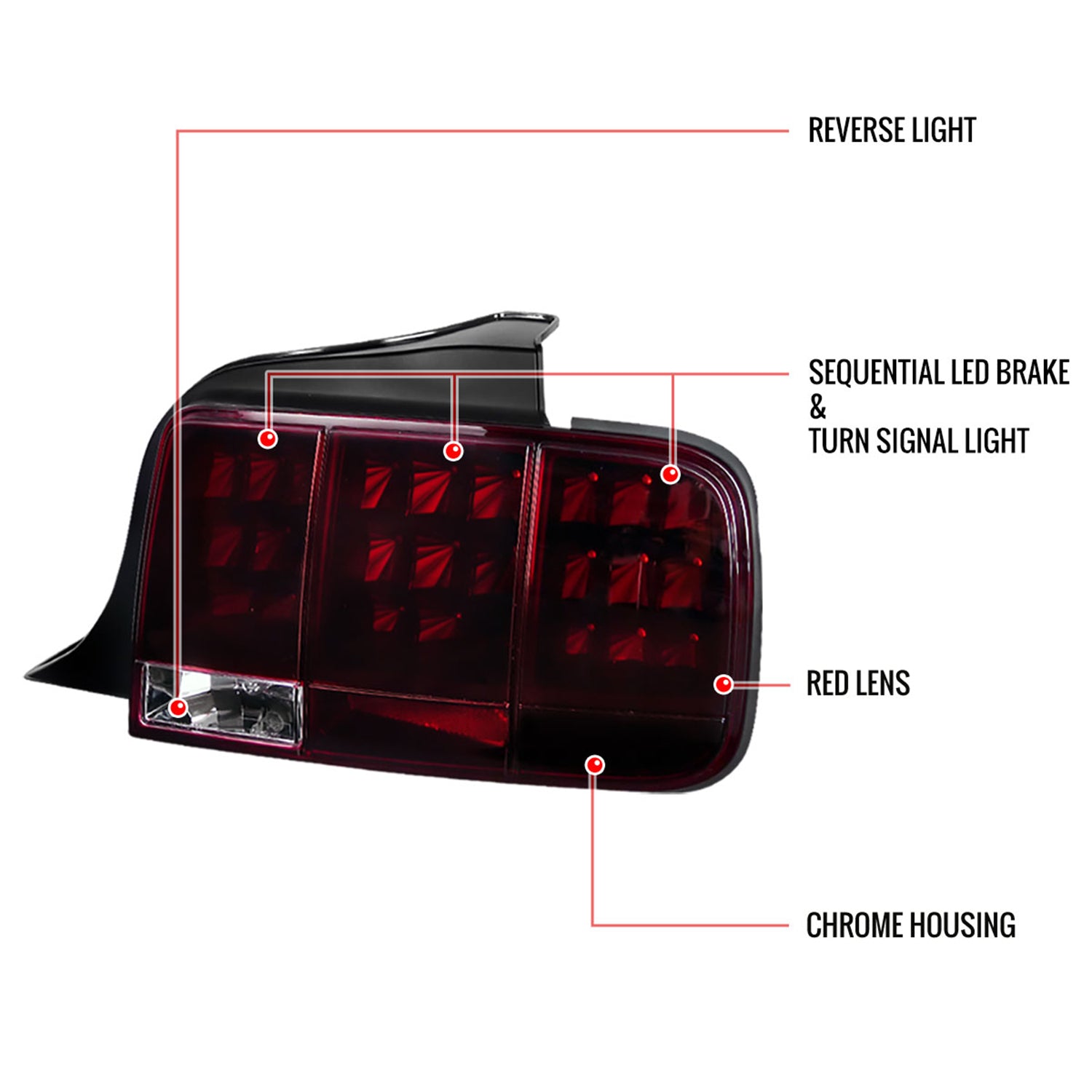 2005-2009 Ford Mustang Sequential LED Tail Lights Chrome Housing/Red Lens