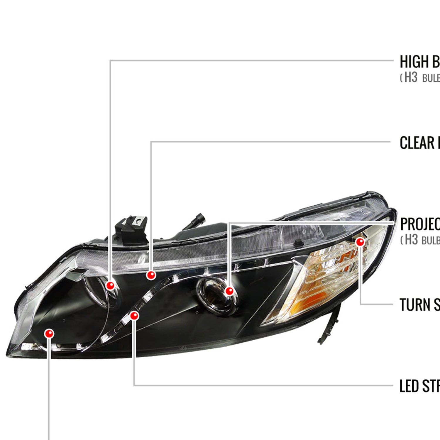 2006-2011 Honda Civic Sedan Projector Headlights R8 LED Light Strip Matt Black