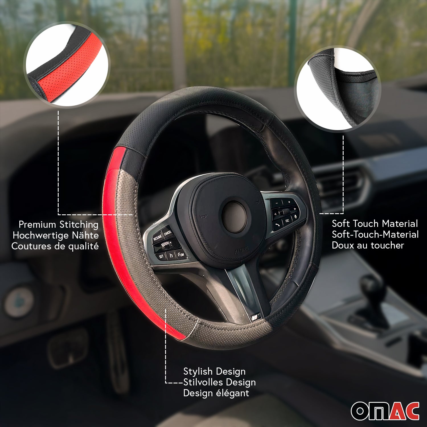 14.5-15.5’’ Steering Wheel Cover Half Moon Red Leather Anti-slip Breathable