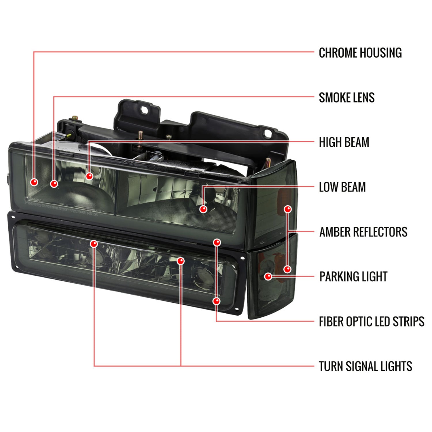 1988-1993 Chevy C10 C/K Sierra Tahoe LED Tube Factory Headlights Smoke