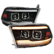 For Dodge RAM 1500 2009-18 / RAM Classic 2019-21 / 2500 3500 2010-18 Amber LED Bar Switchback Projector Headlights Matte Black Housing Clear Lens