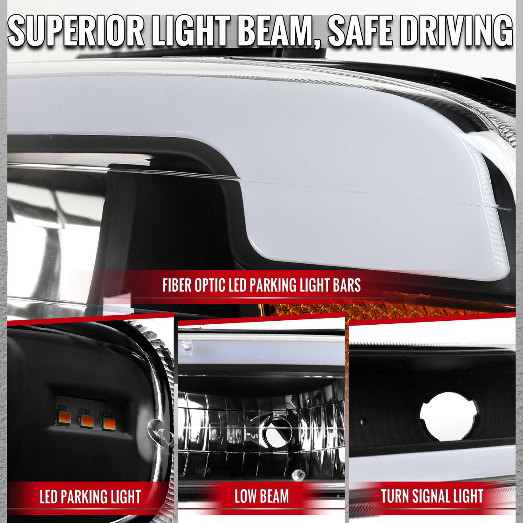 For Chevrolet Silverado Tahoe Suburban 1999-2002 LED Bar Style Headlights Bumper Light Matte Black Housing Clear Lens
