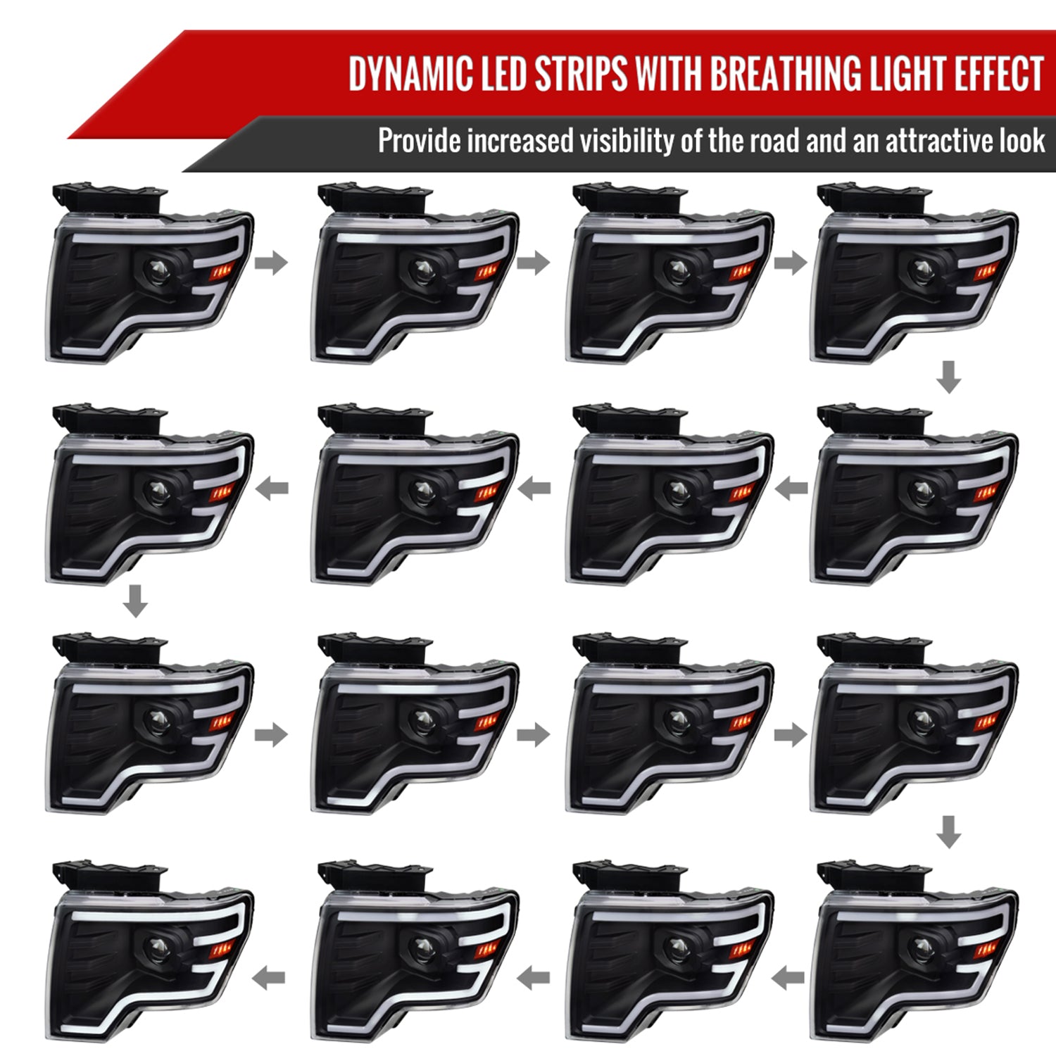 2009-2014 Ford F-150 Sequential LED Turn Signal Projector Headlights Black