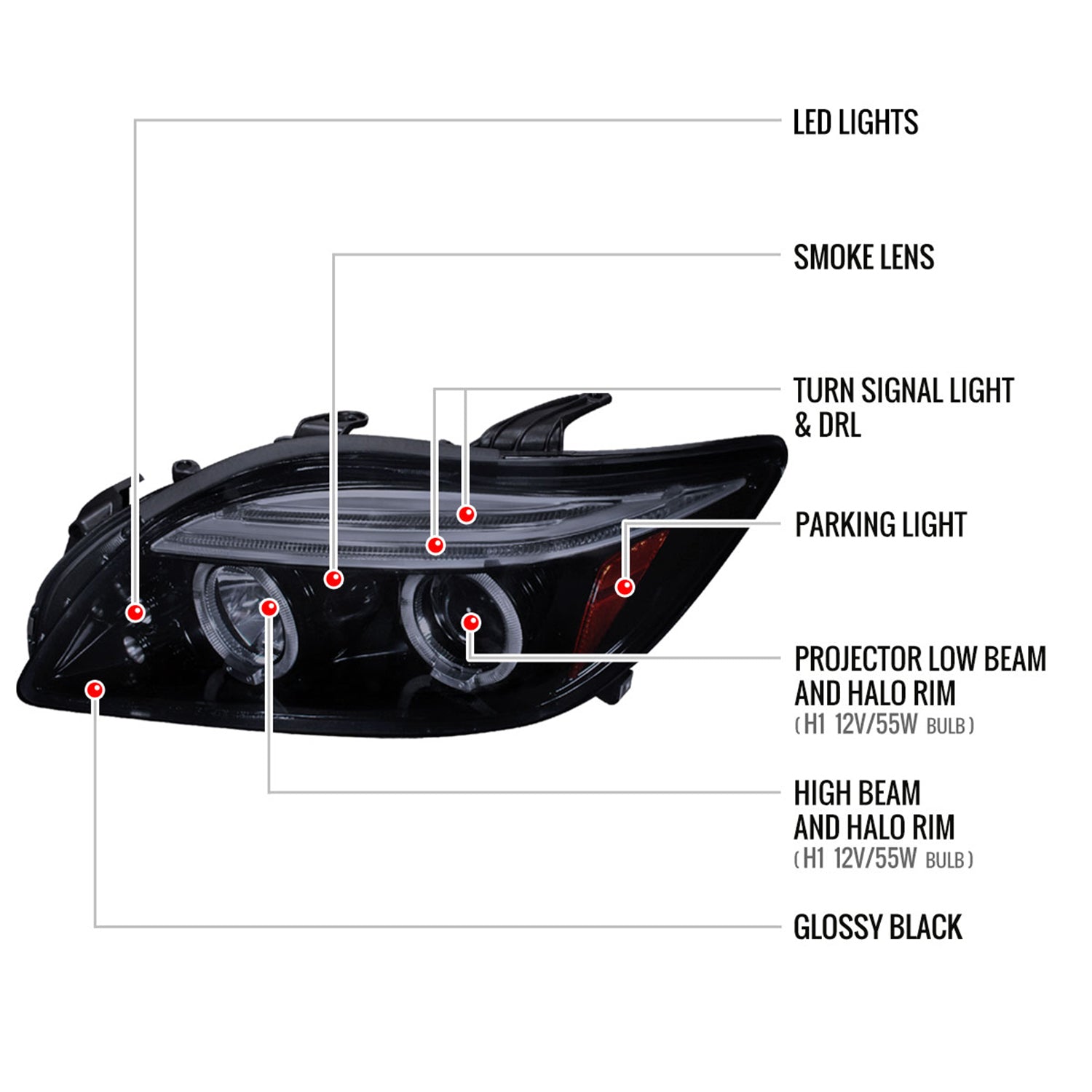 2005-2010 Scion tC Dual Halo Projector Headlights Glossy Black/Smoke Lens