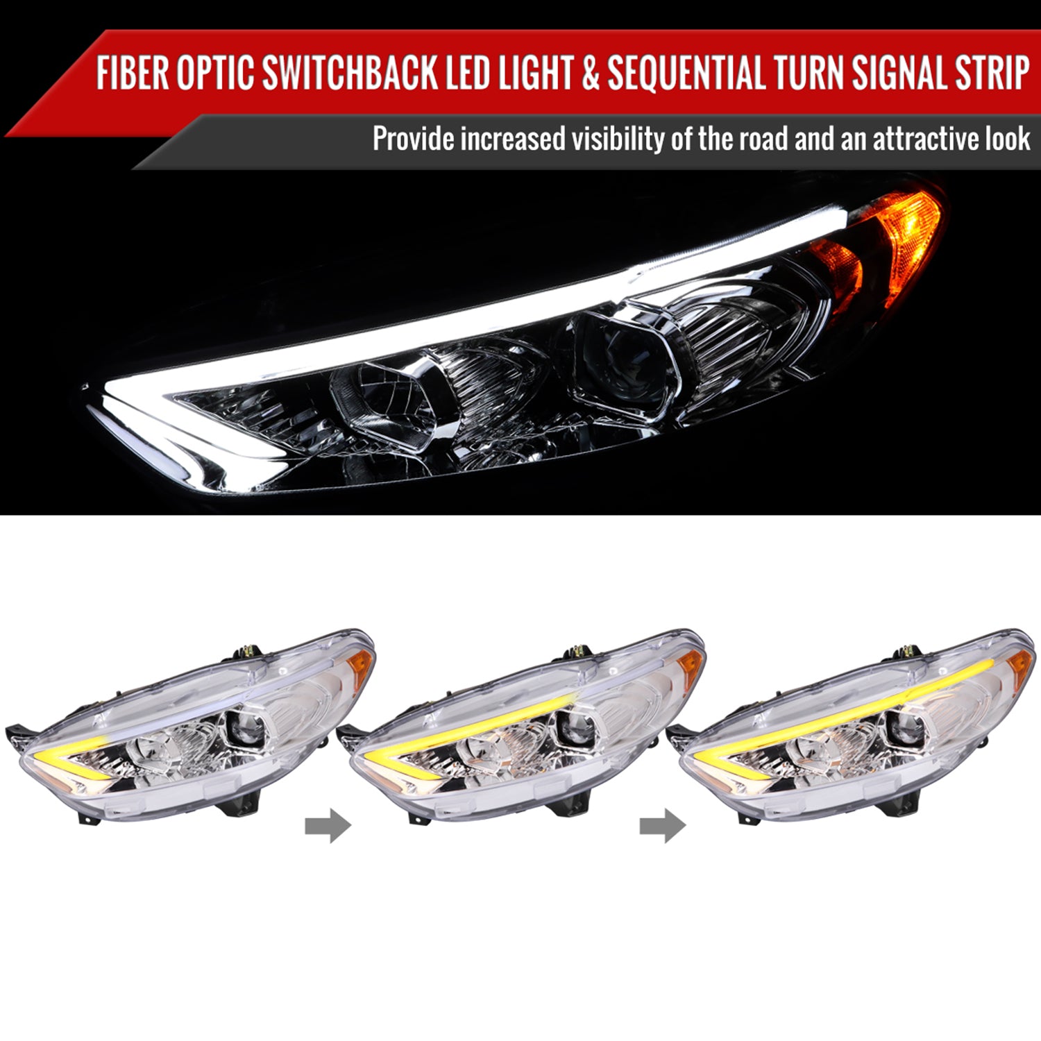 2013-2016 Ford Fusion Sequential Turn Signal Projector Headlights Chrome