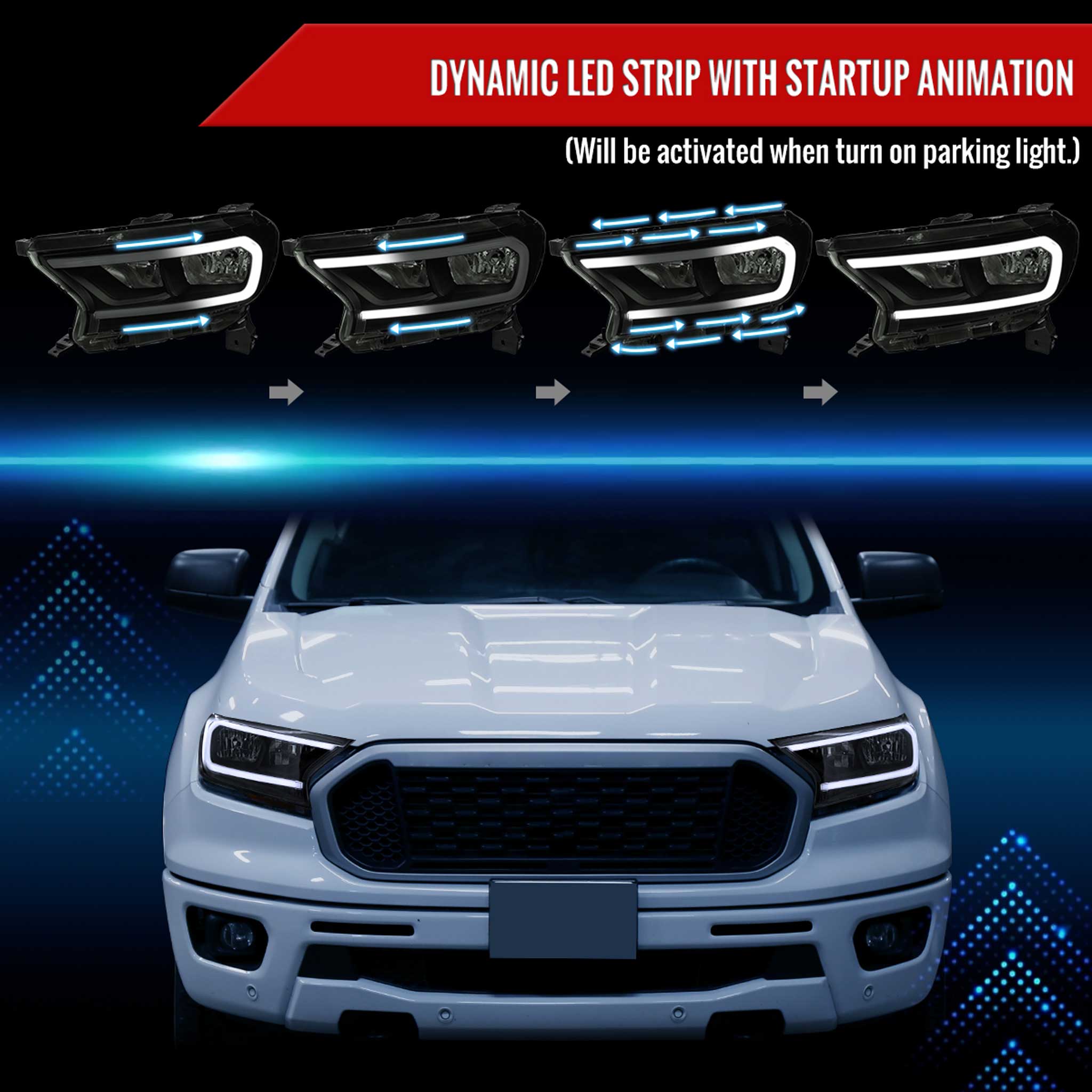 For Ford Ranger XL XLT 2019-2023 Factory Style Headlights LED Bar Turn Signal Glossy Black Housing Smoked Lens