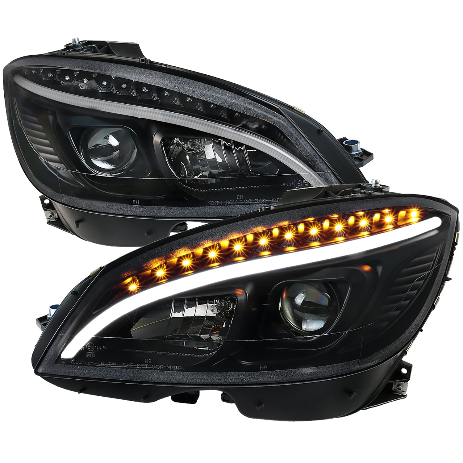 2008-2011 Mercedes W204 C Class Headlights LED Light Bar&LED Signal Black