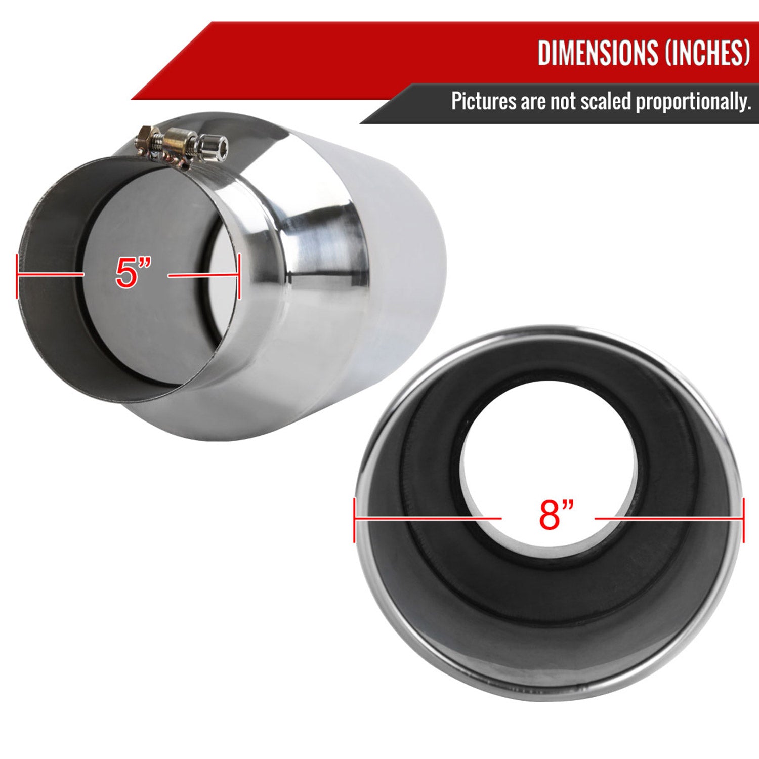 Universal 5" Inlet/8" Outlet Chrome Stainless Steel Bolt-On Angled Exhaust Tip