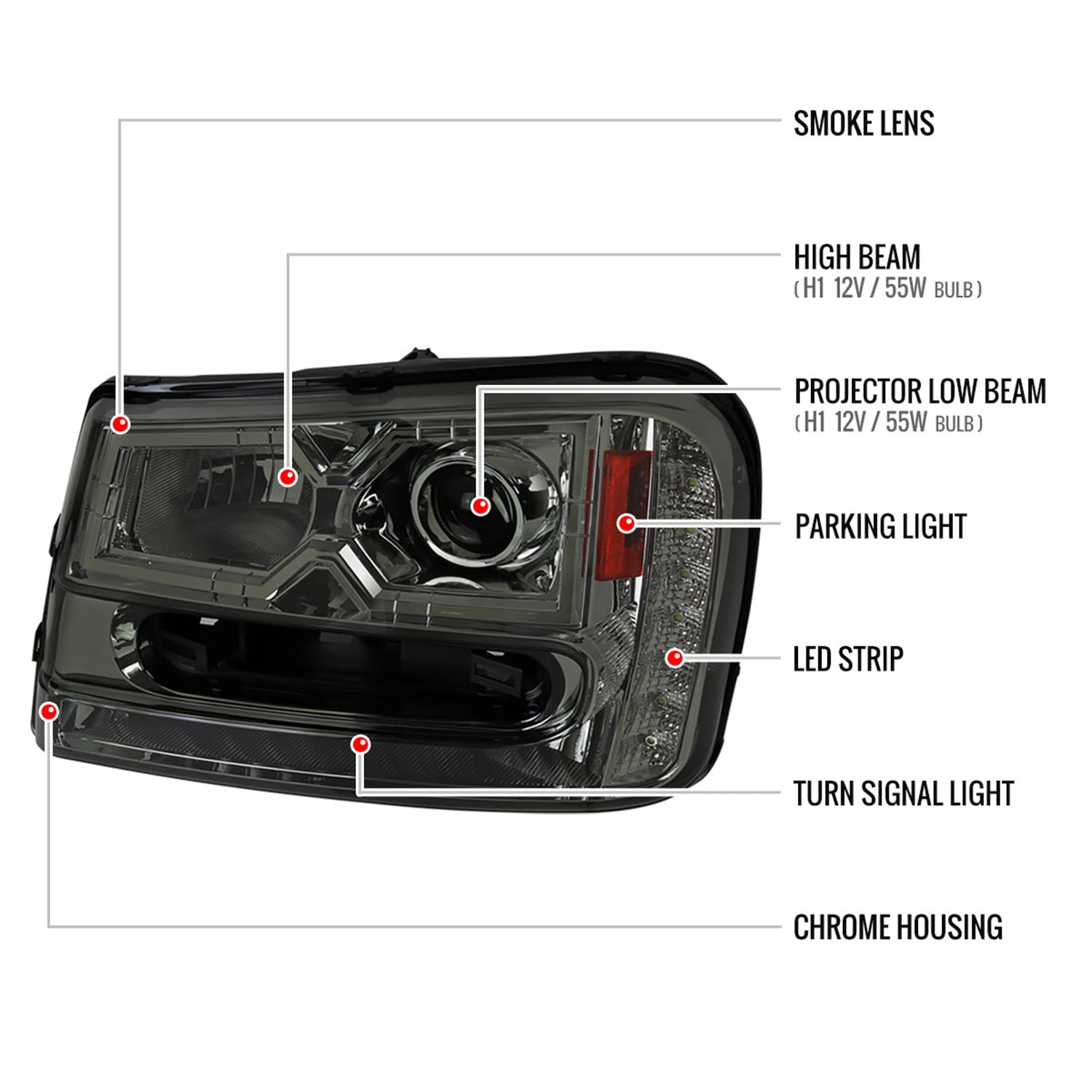 2002-2009 Chevy Trailblazer Projector Headlights LED Light Strip Chrome/Smoke