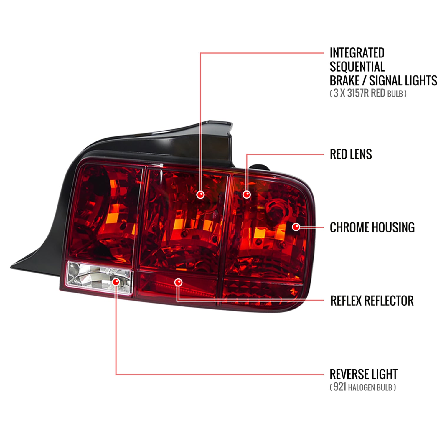 2005-2009 Ford Mustang Sequential Tail Lights Chrome Housing/Red Lens