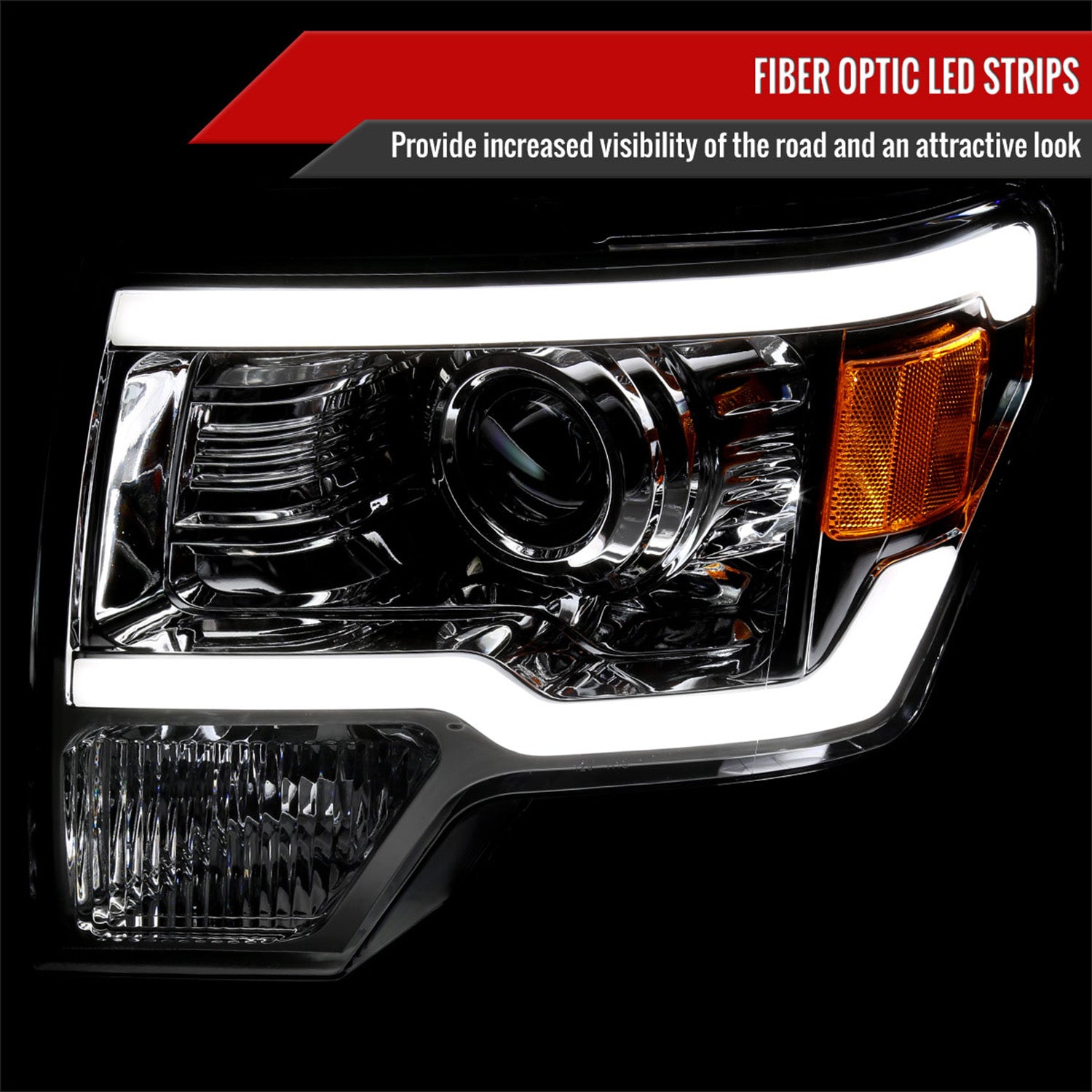 2009-2014 Ford F-150 LED Strip Projector Headlights Chrome/Clear Lens