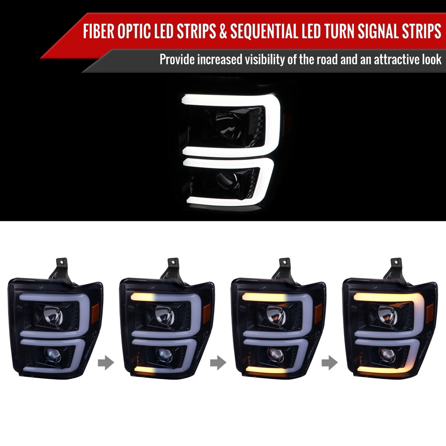 2008-2010 Ford F-250/350/450/550 LED Signal Bar Projector Headlights Smoke