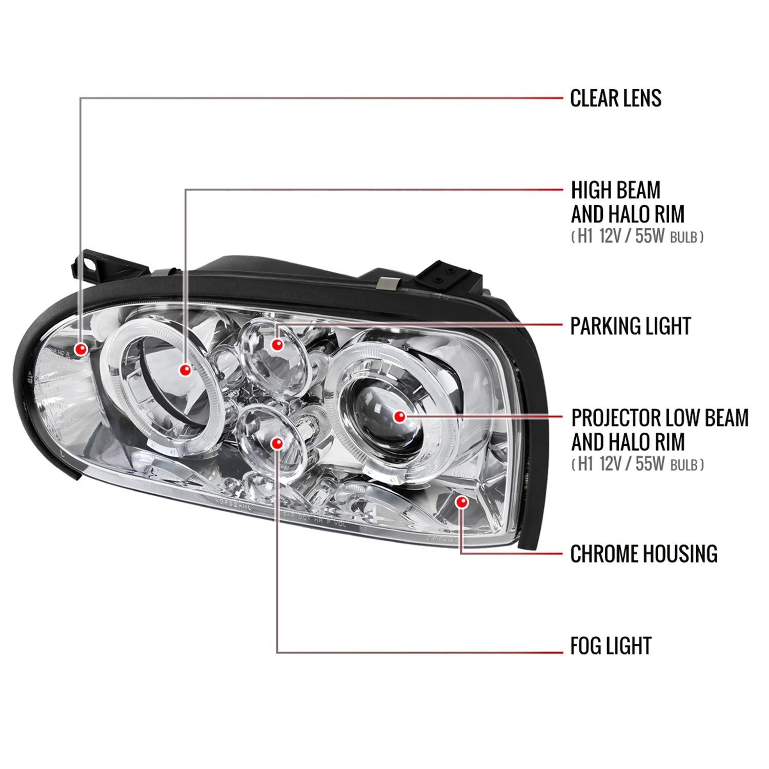 1993-1998 VW Golf Mk3/Cabrio Dual Halo Projector Headlights Chrome/Clear