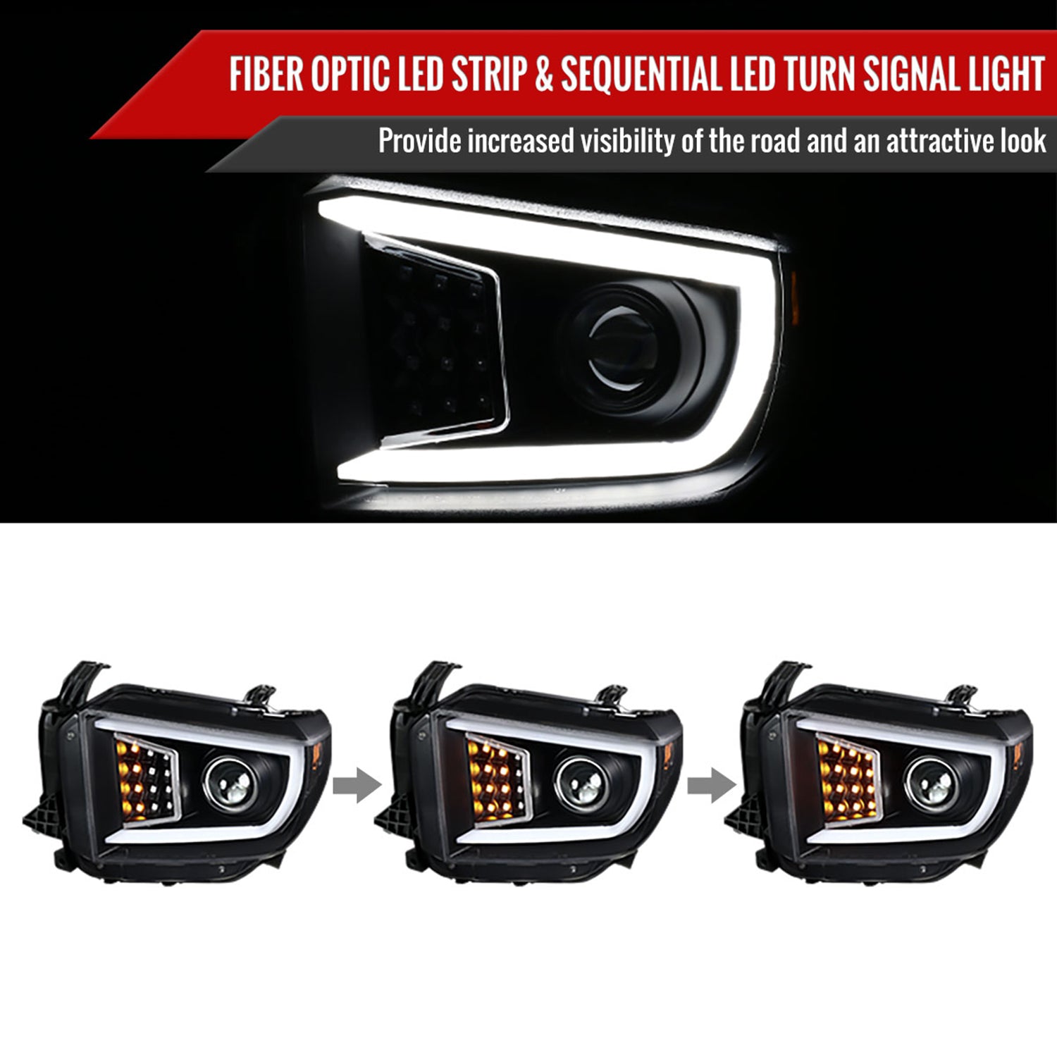 2014-2021 Toyota Tundra LED CBar Projector Headlights Turn Signal Lights Black