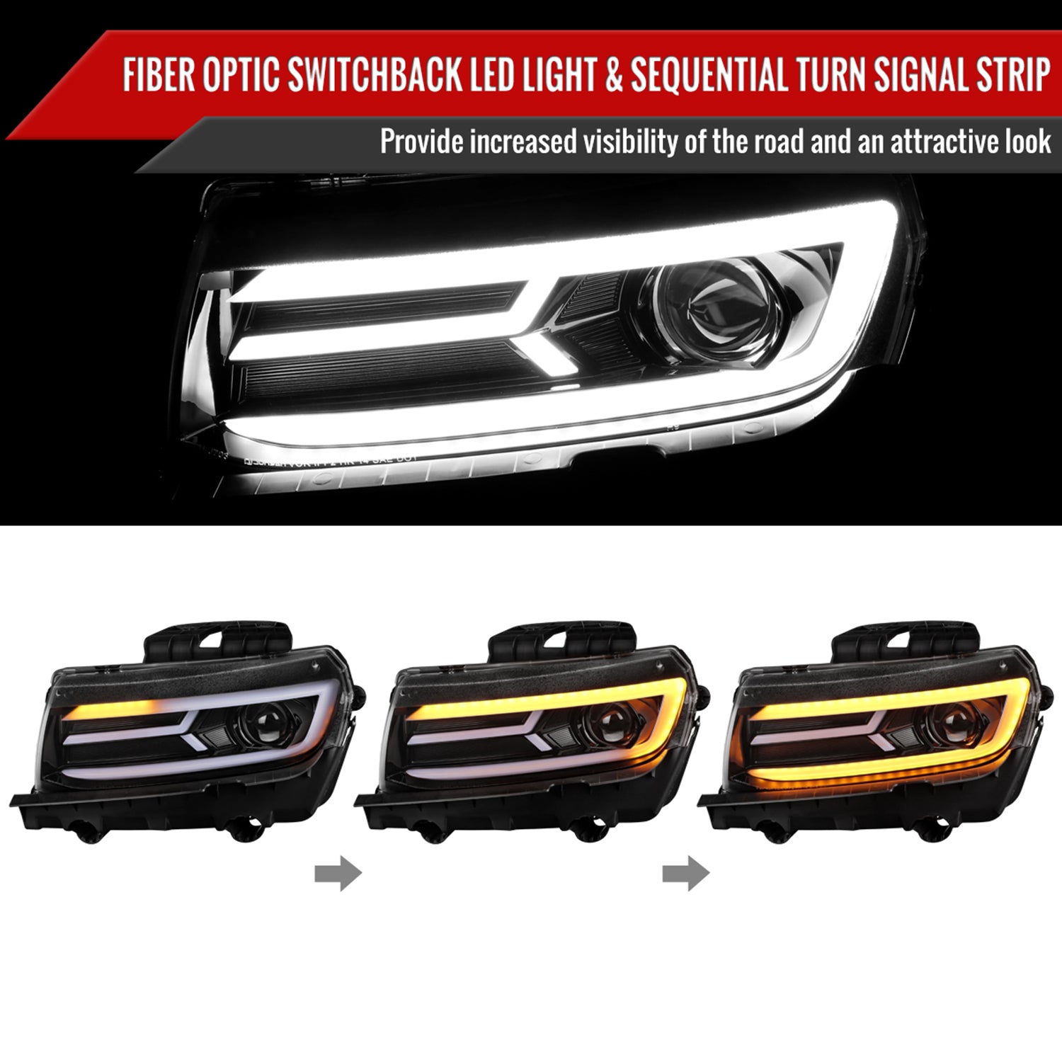 2014-2015 Chevy Camaro LED Projector Headlights Turn Signal Lights Black
